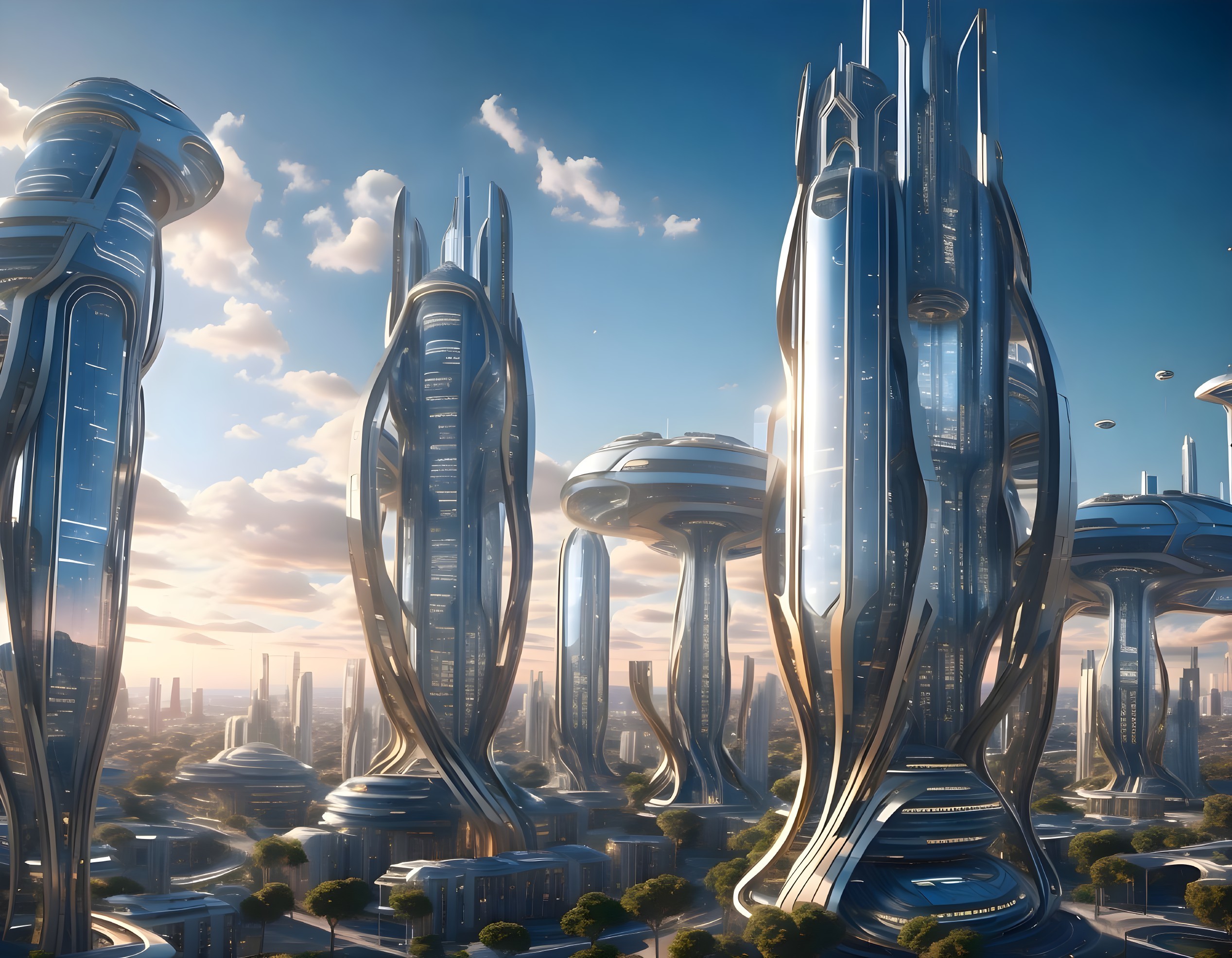Futuristic cityscape with sleek skyscrapers and greenery