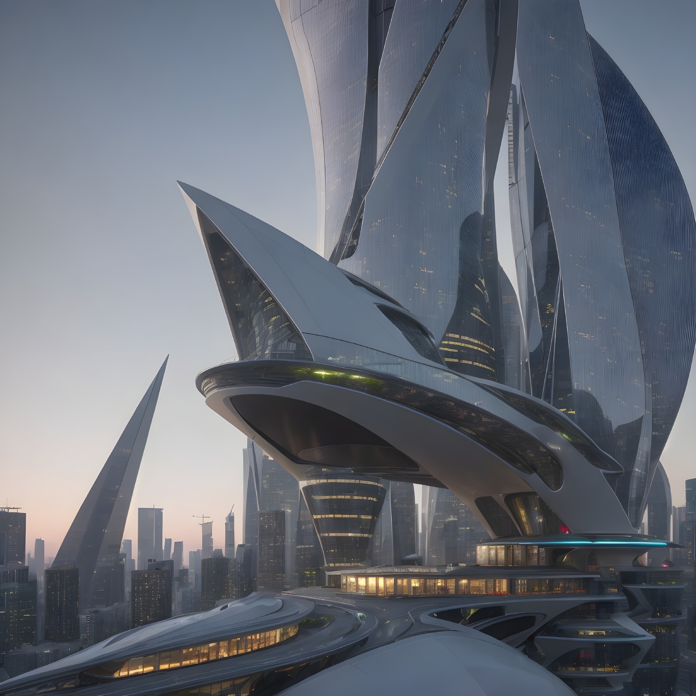 Futuristic cityscape with sleek high-rise buildings