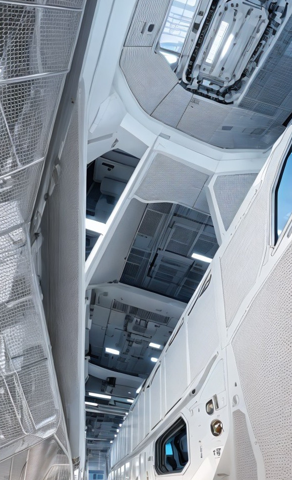 Modern spacecraft interior with metallic walls and intricate panels
