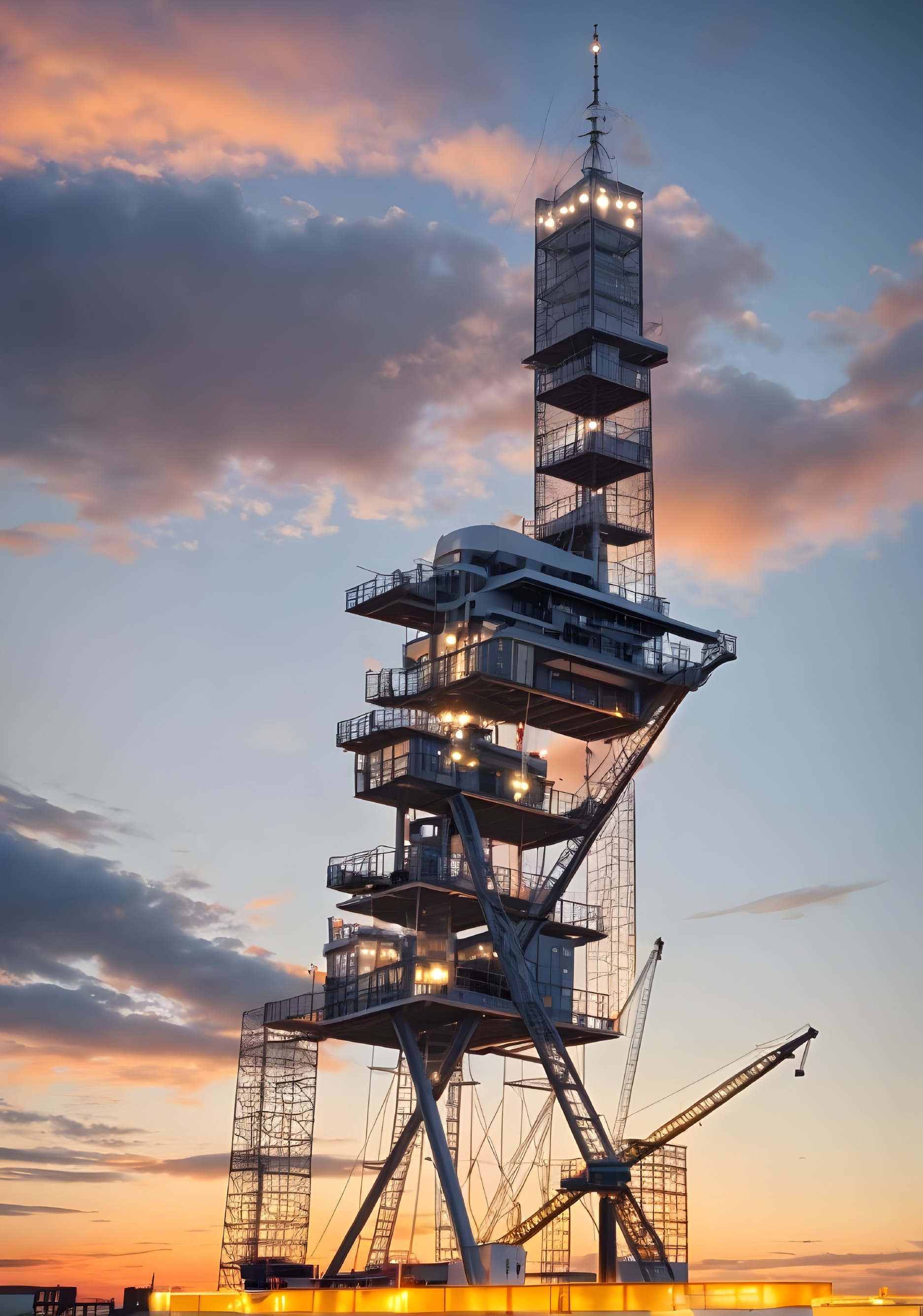 Metal multi-level structure against sunset sky with orange and blue hues