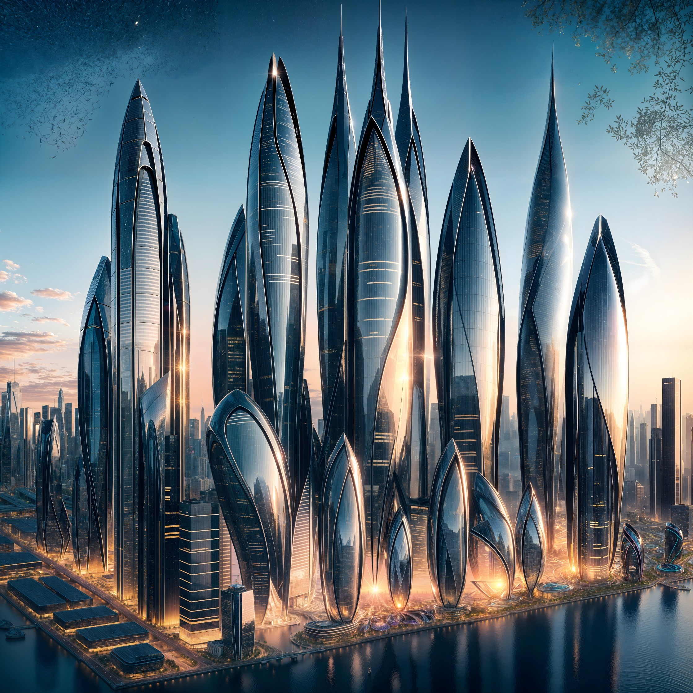 Futuristic Cityscape with Sleek Skyscrapers at Twilight