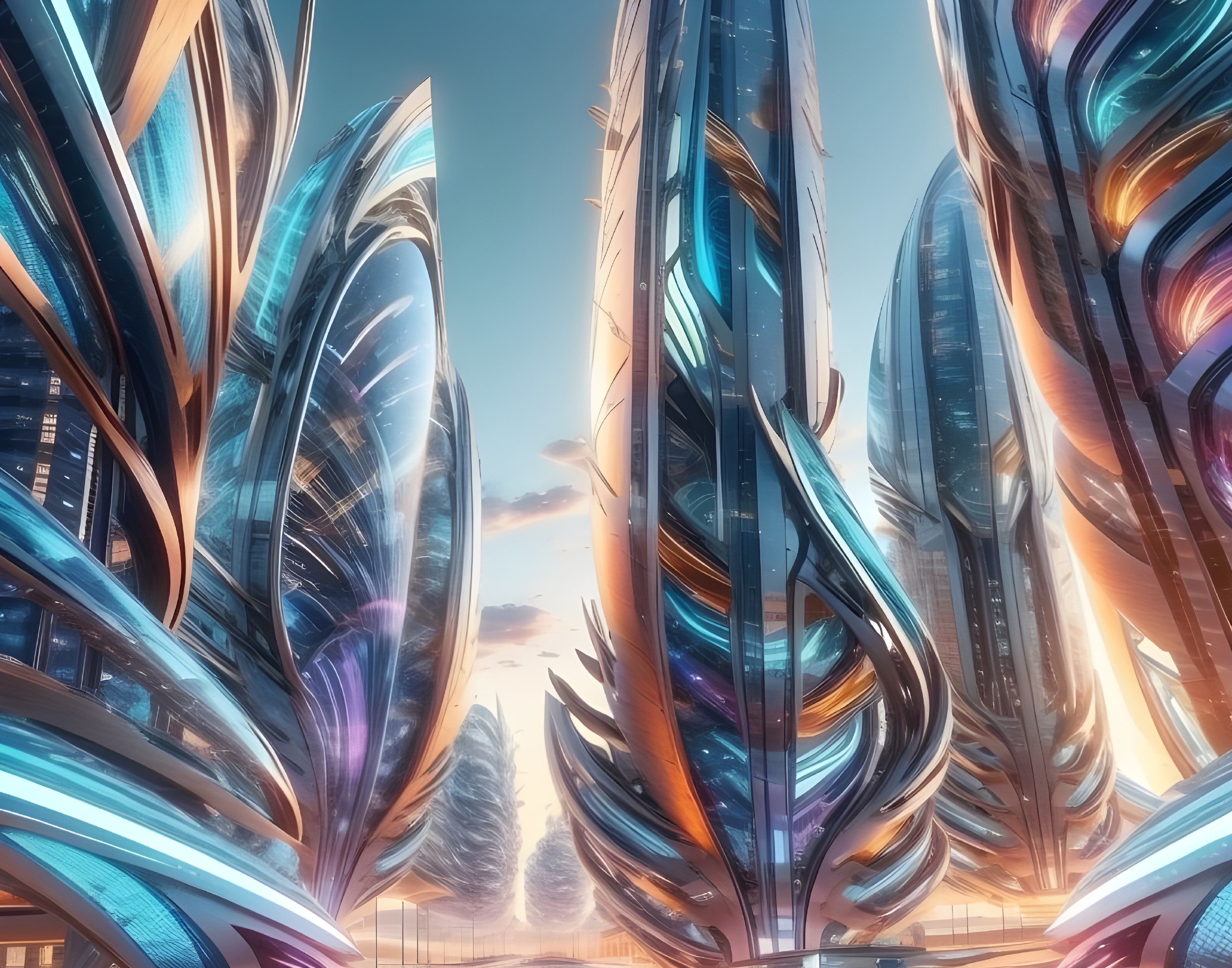 Futuristic cityscape with sleek skyscrapers and nature