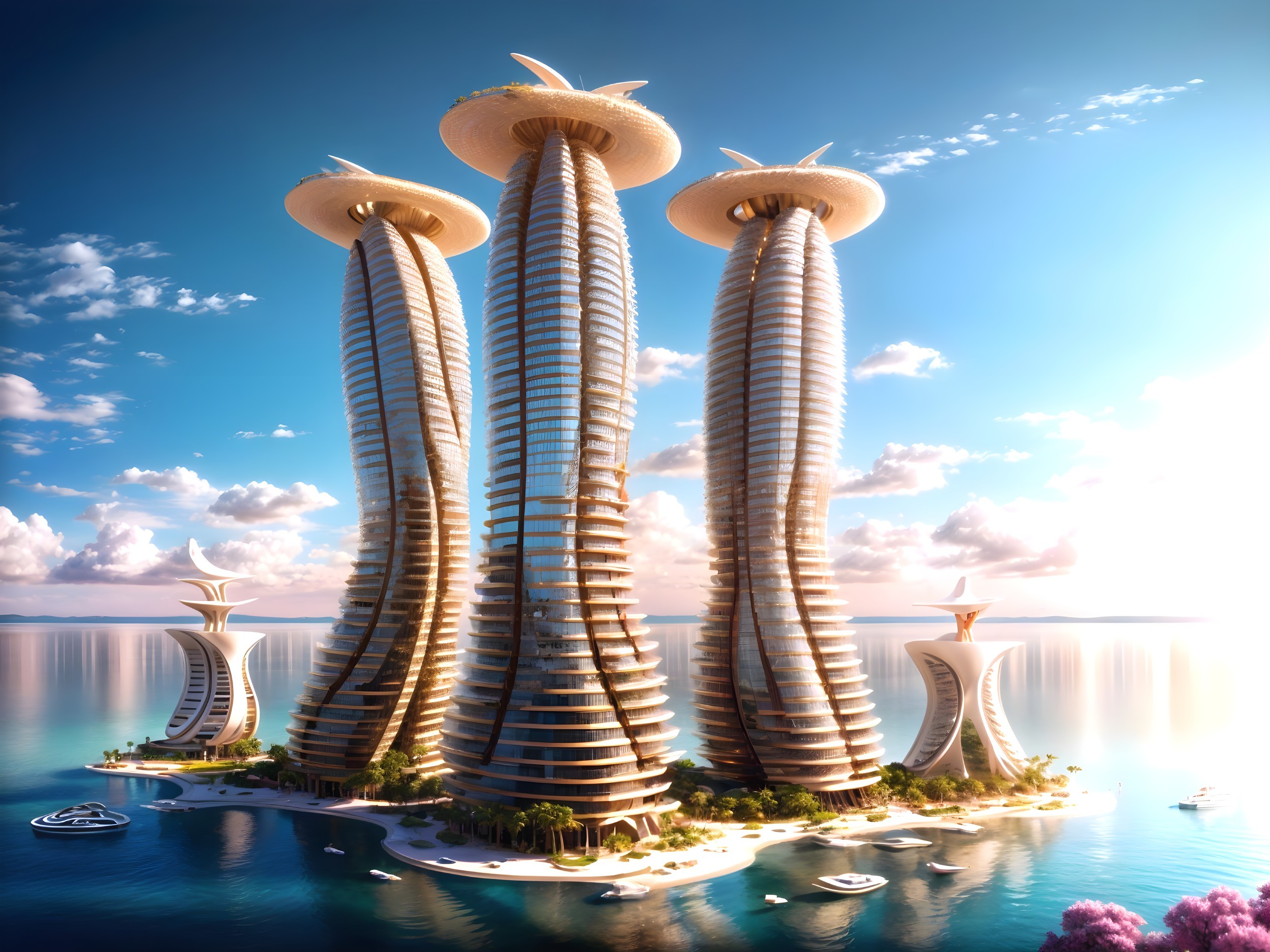 Futuristic Skyscrapers on a Tropical Island Landscape