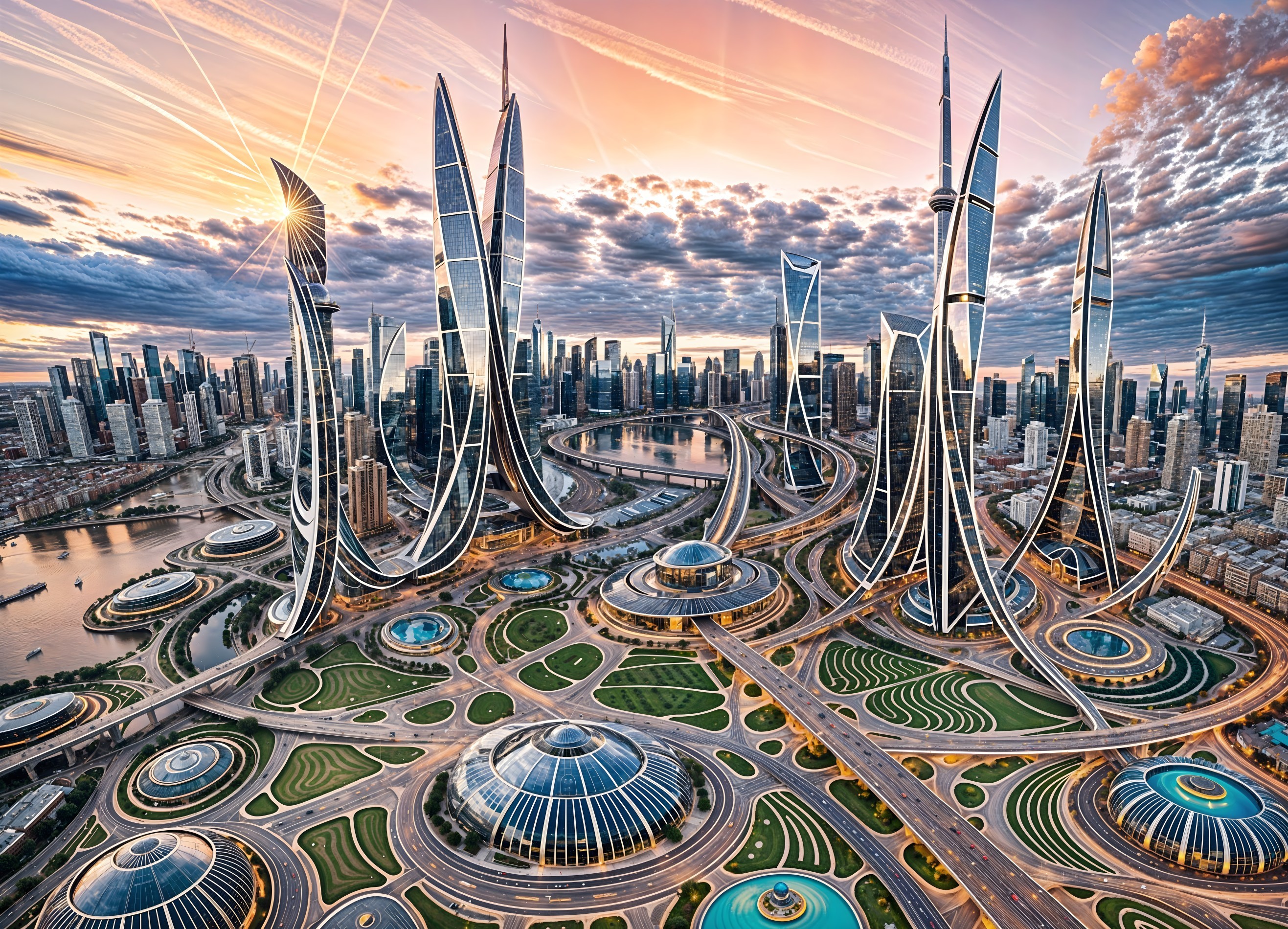 Futuristic Cityscape with Unique Structures and Green Spaces