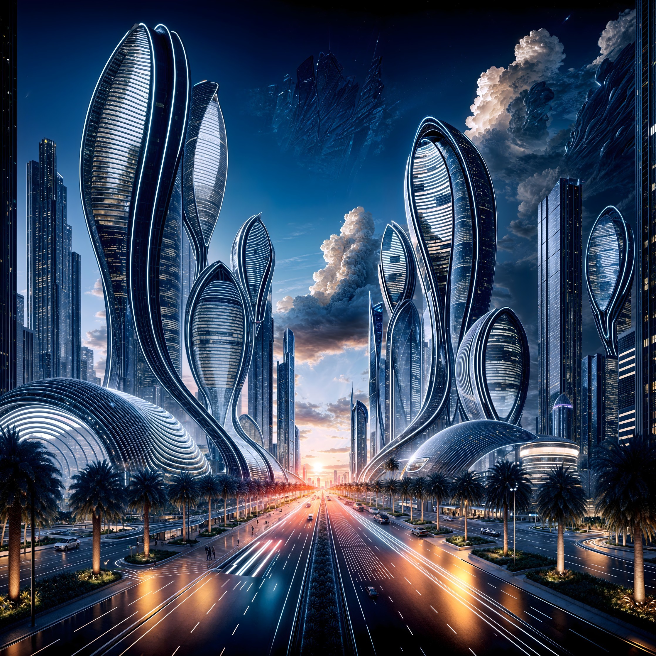 Futuristic cityscape with organic skyscrapers and sunset