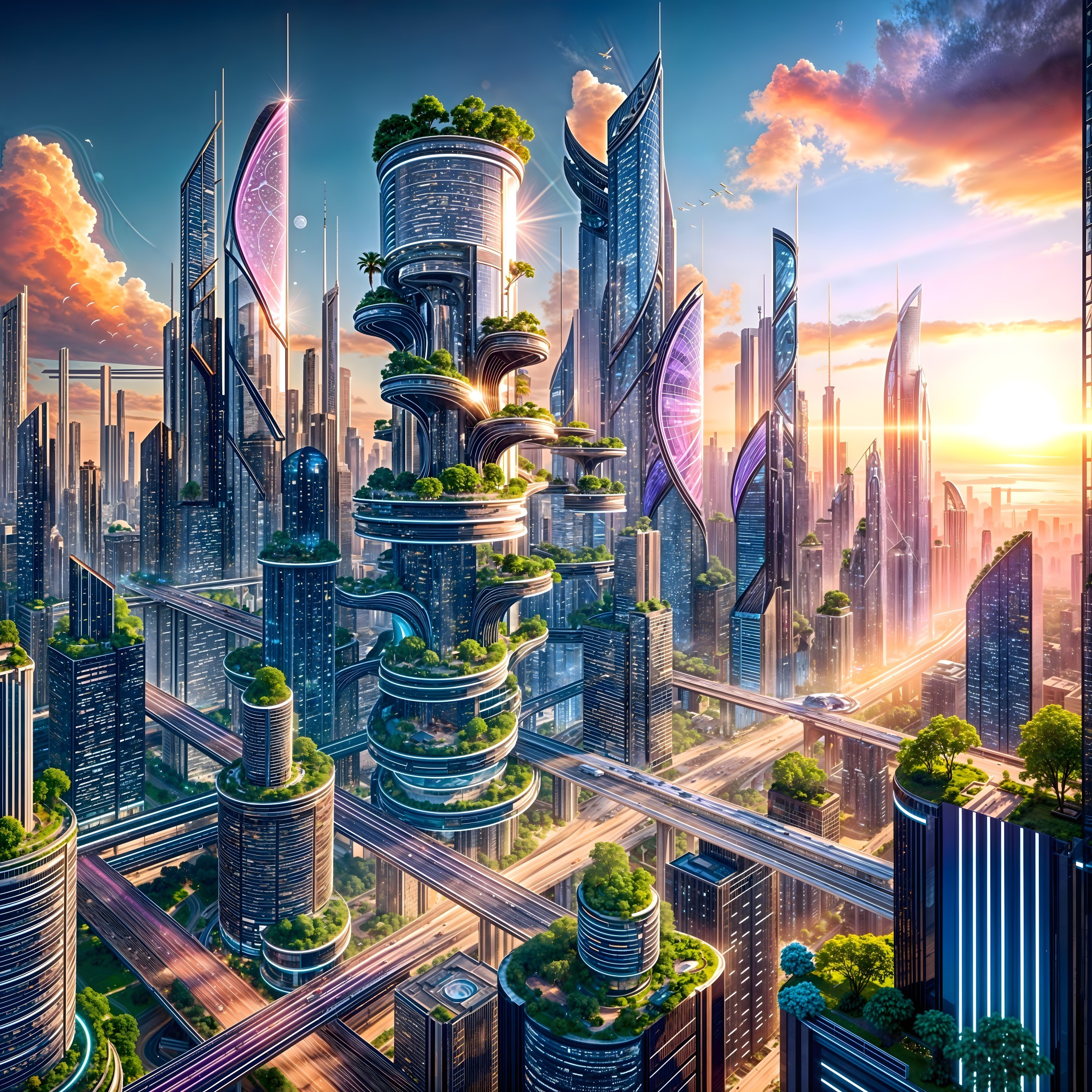 Futuristic cityscape with sustainable skyscrapers and highways