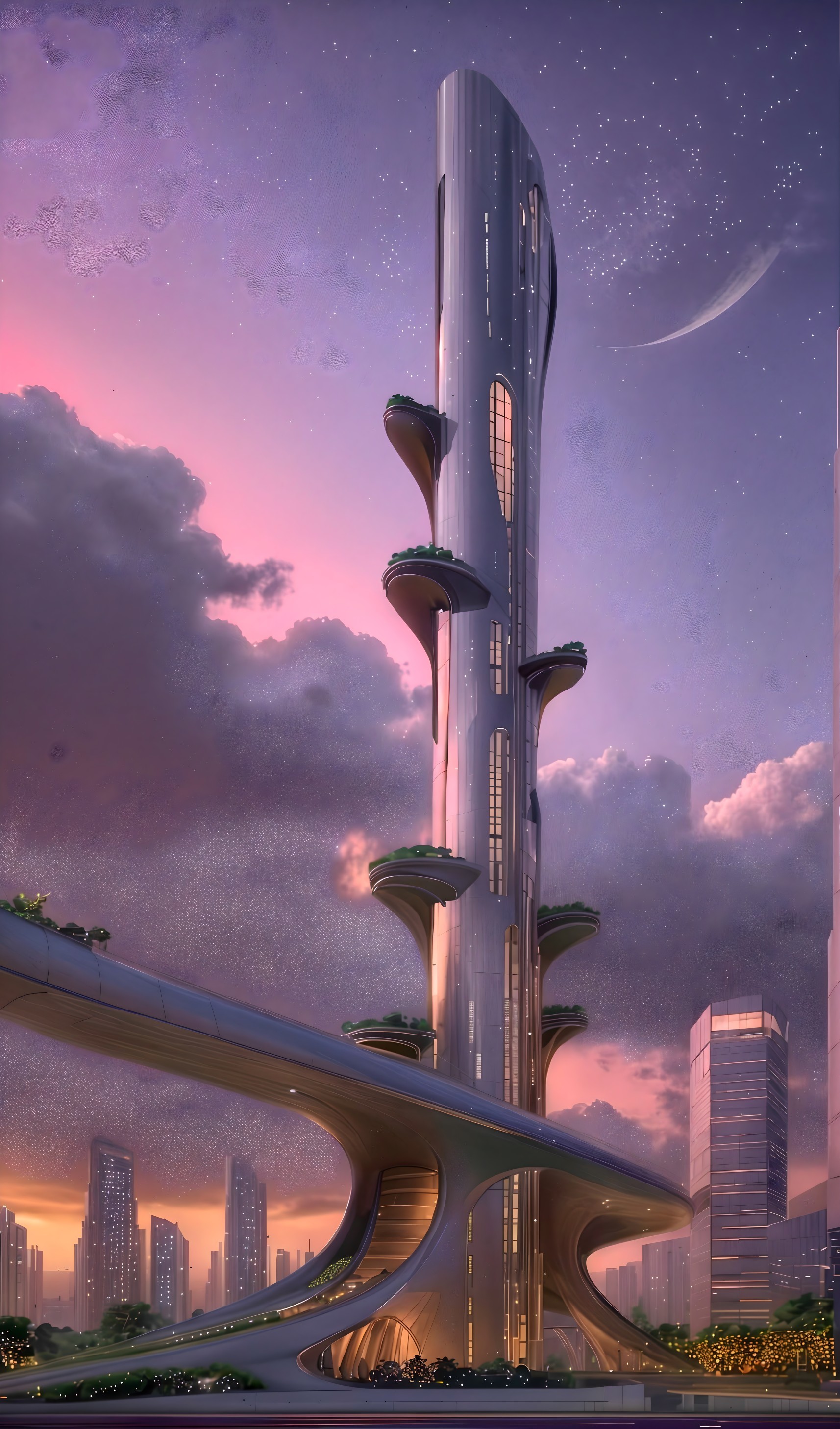Futuristic Skyscraper with Organic Design at Twilight