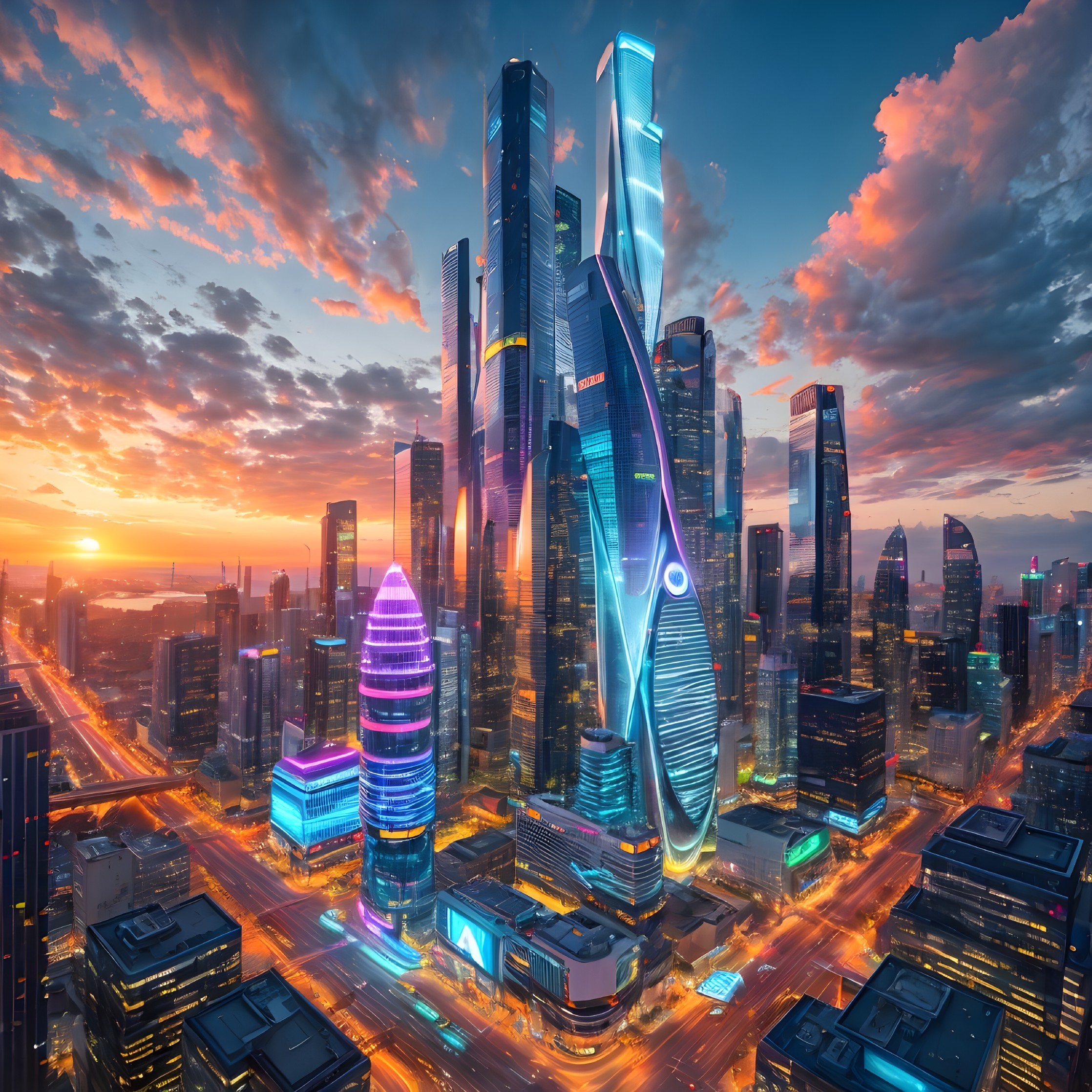 Futuristic Skyline with Illuminated Skyscrapers at Sunset