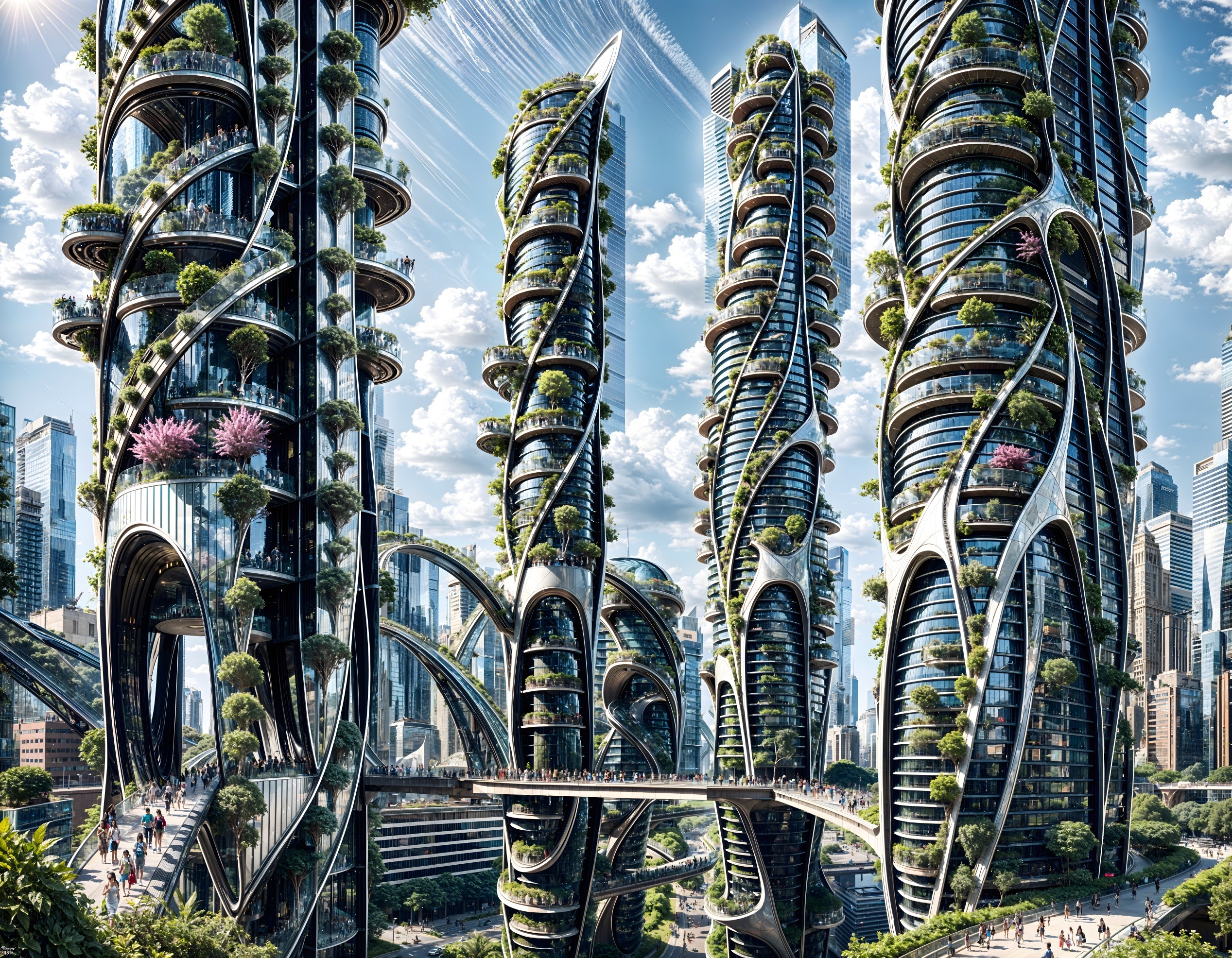 Futuristic cityscape with green skyscrapers and walkways
