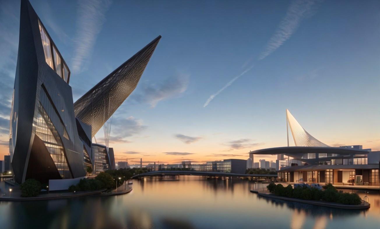 Distinctive modern waterfront buildings at sunset.