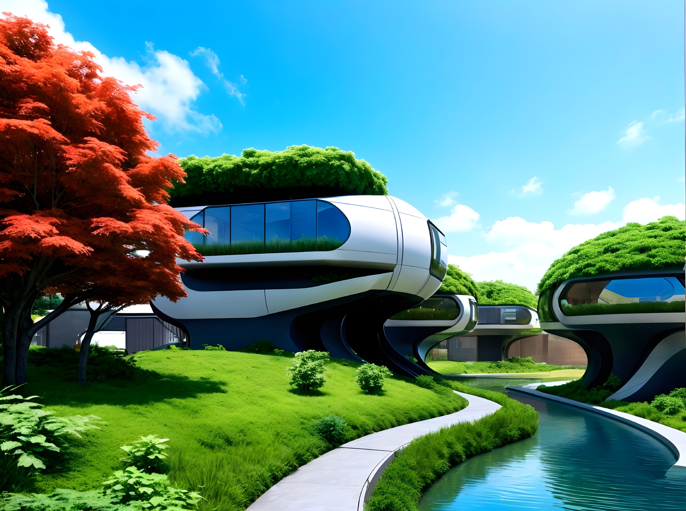 Futuristic Organic-Shaped Buildings in Lush Landscape