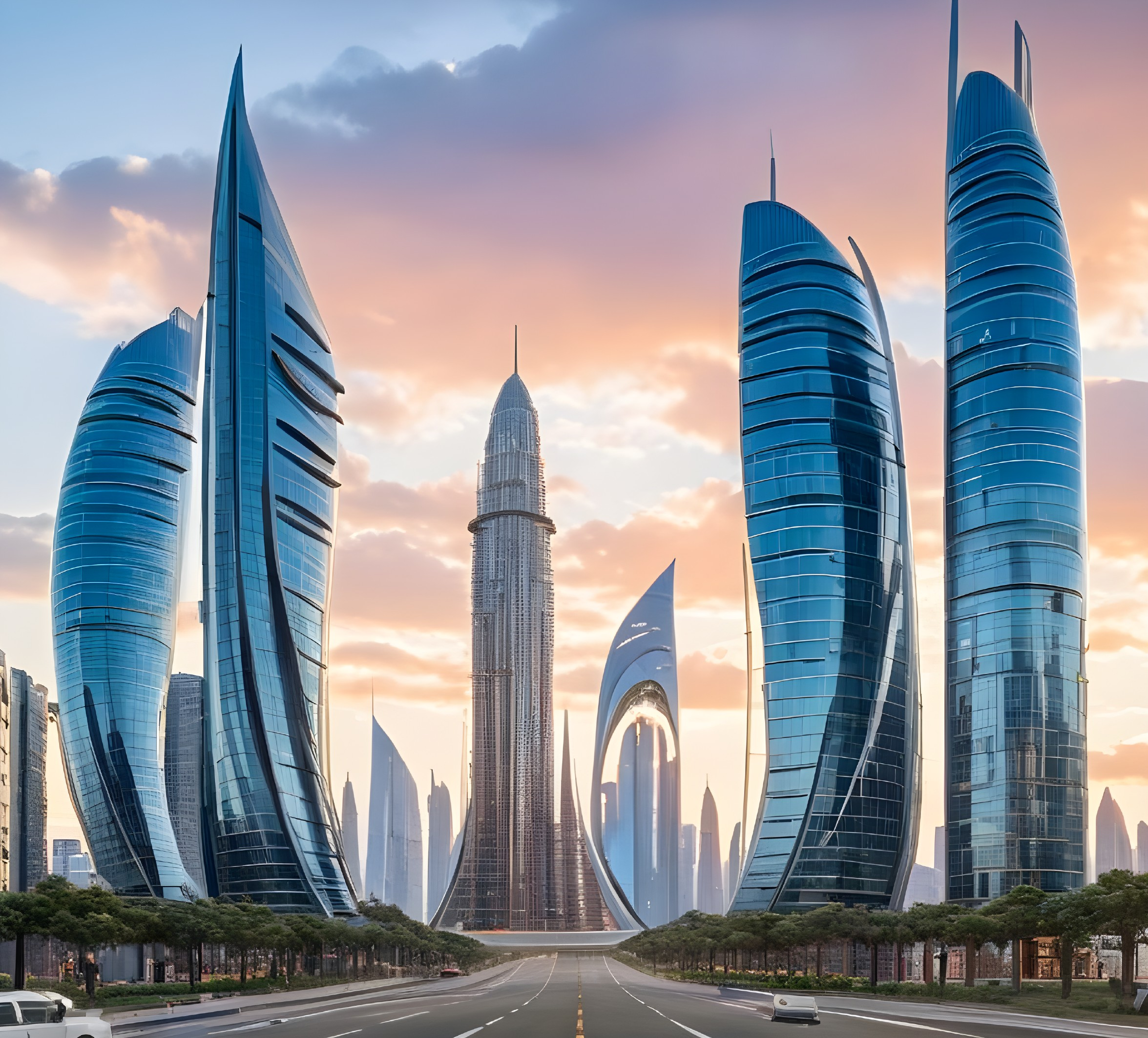 Futuristic Urban Skyline with Glass Skyscrapers