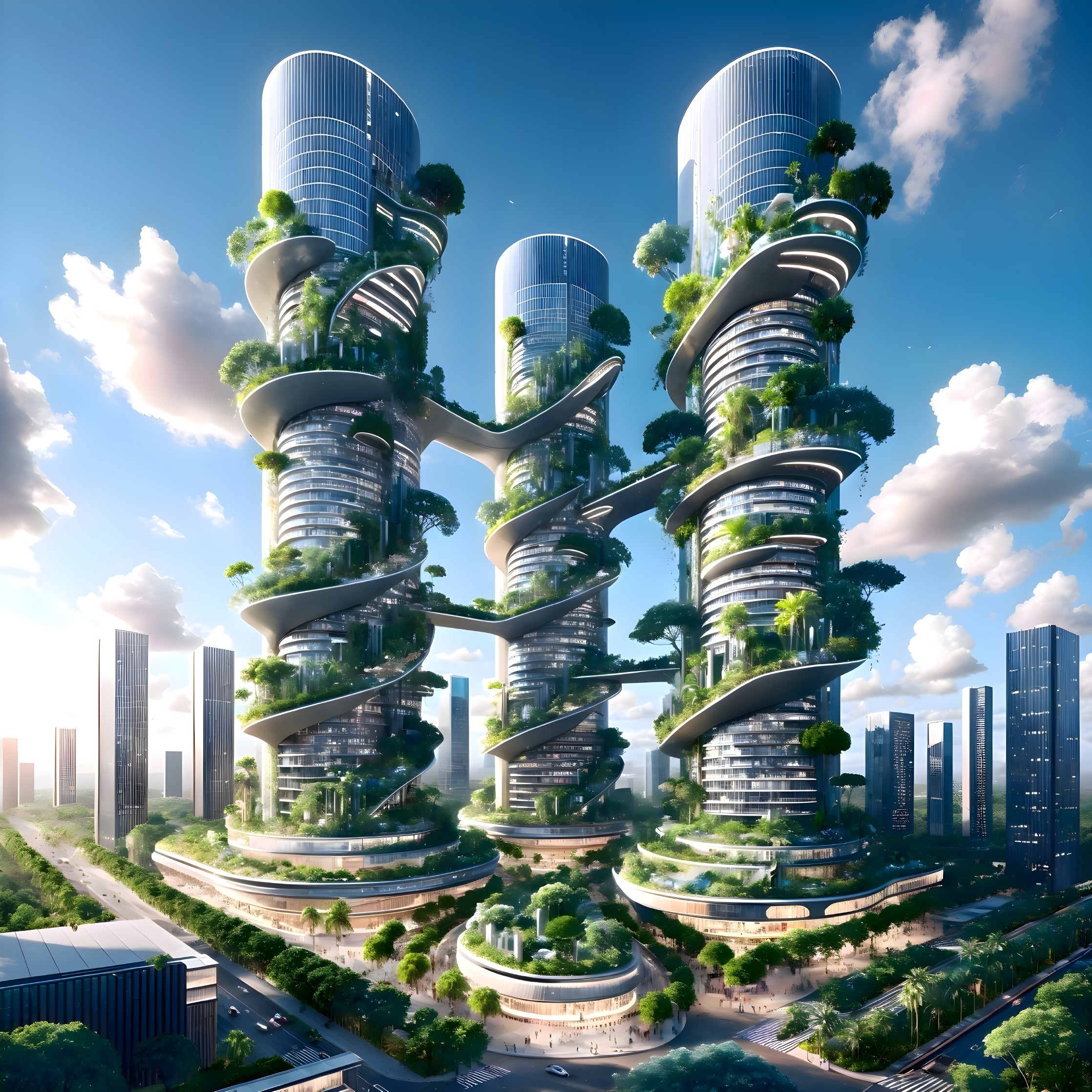 Futuristic cityscape with skyscrapers and greenery