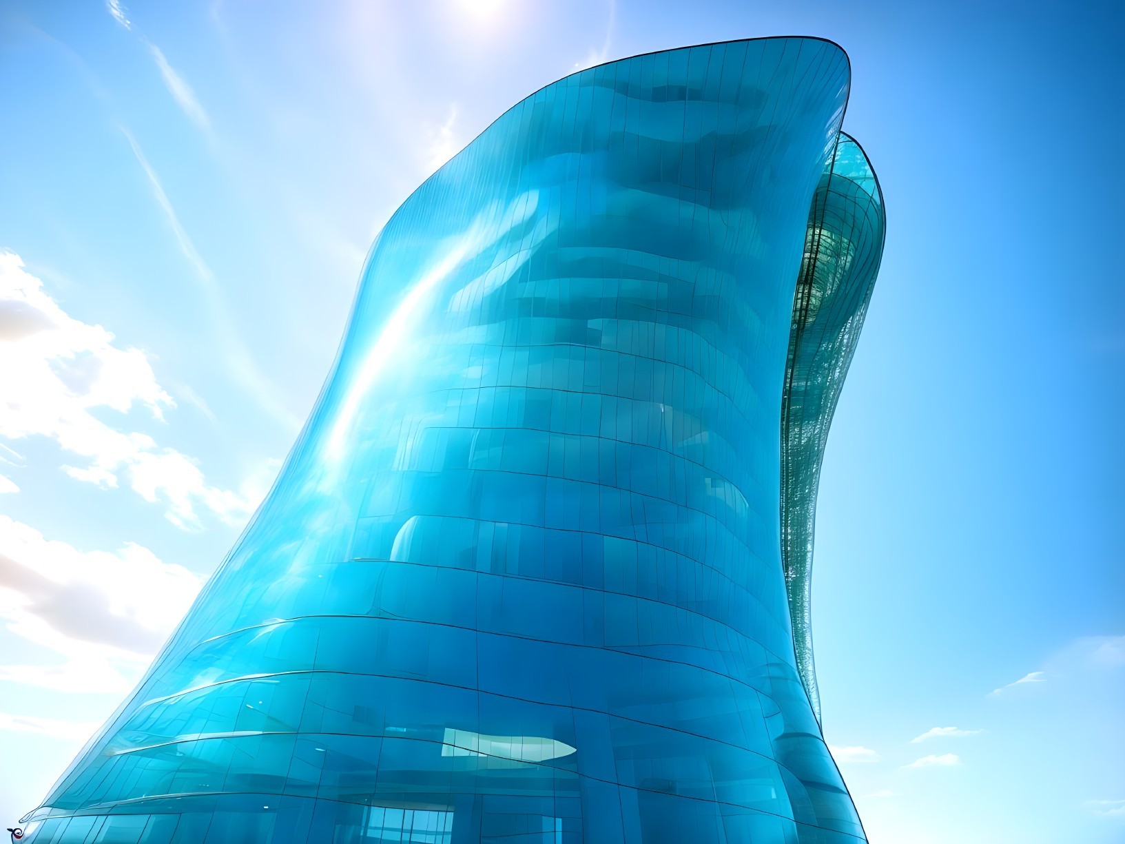 Sleek Wave-Like Building with Shimmering Glass Facade