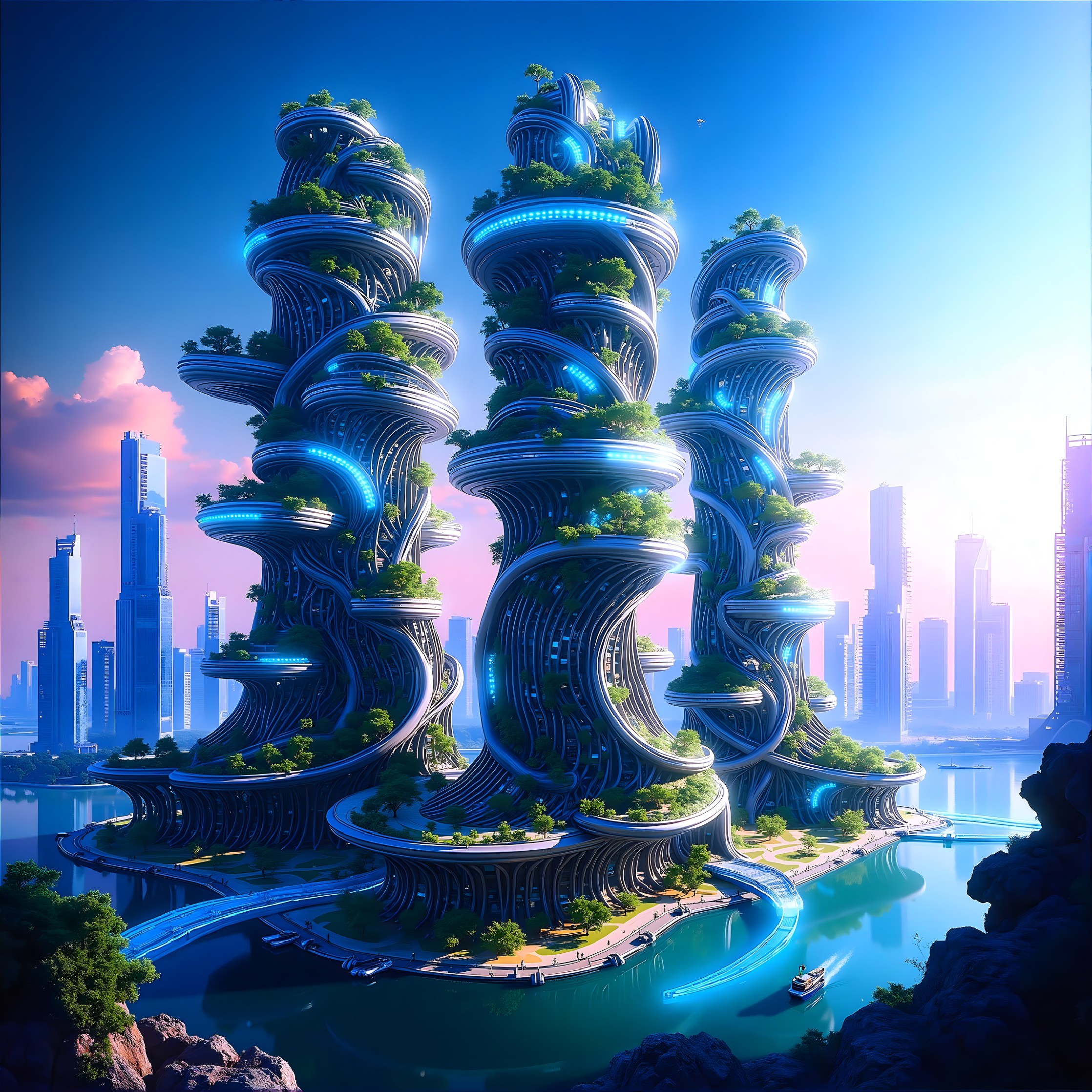 Futuristic cityscape with green skyscrapers and sunset