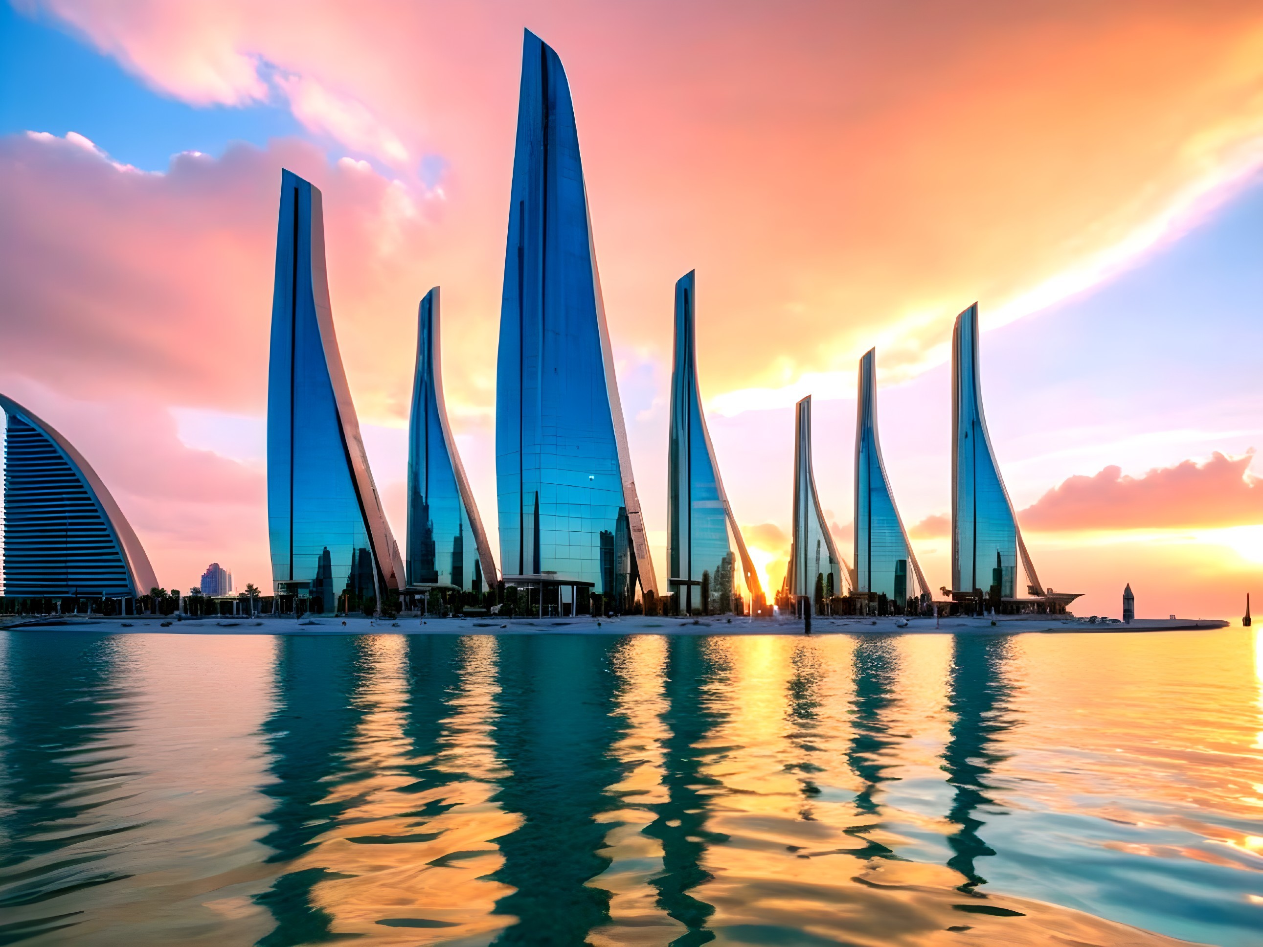 Vibrant Sunset Reflected in Urban Skyline and Waters