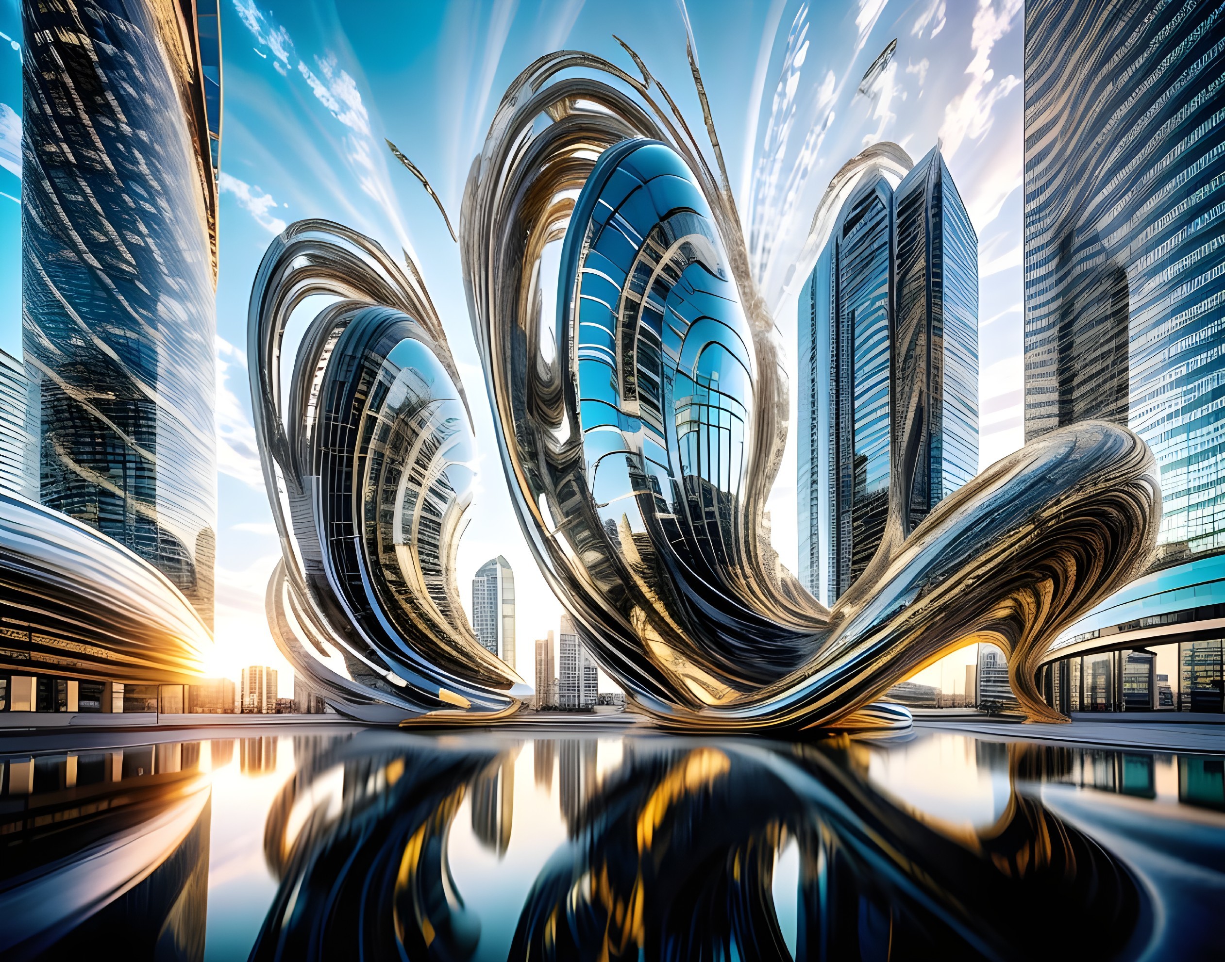 Futuristic cityscape with skyscrapers and sculpture