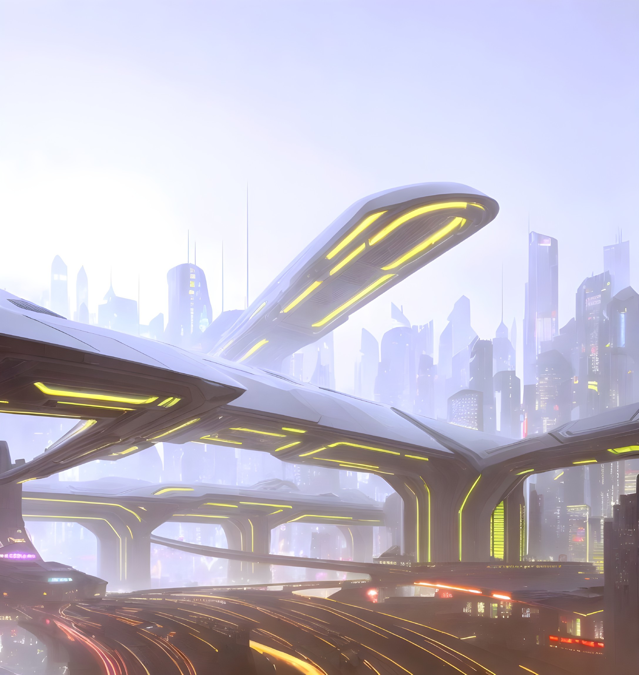 Futuristic cityscape with elevated highways and skyscrapers