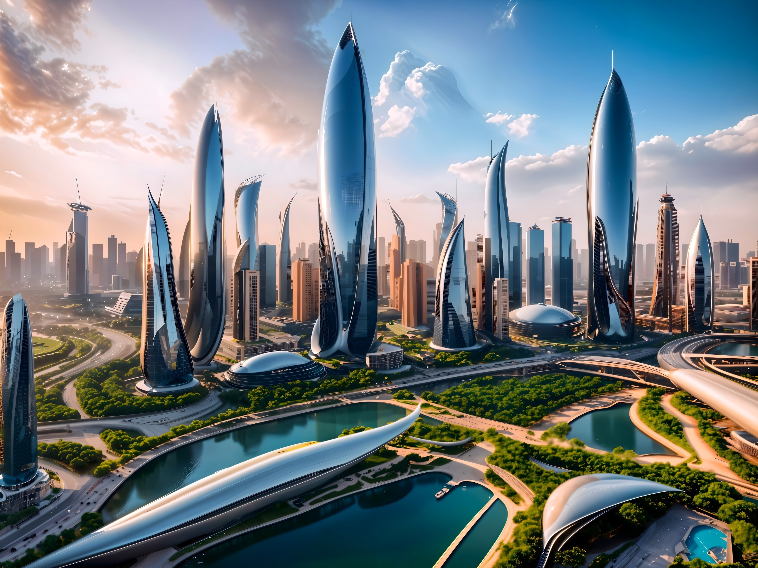Futuristic Skyline with Aerodynamic Architecture and Nature