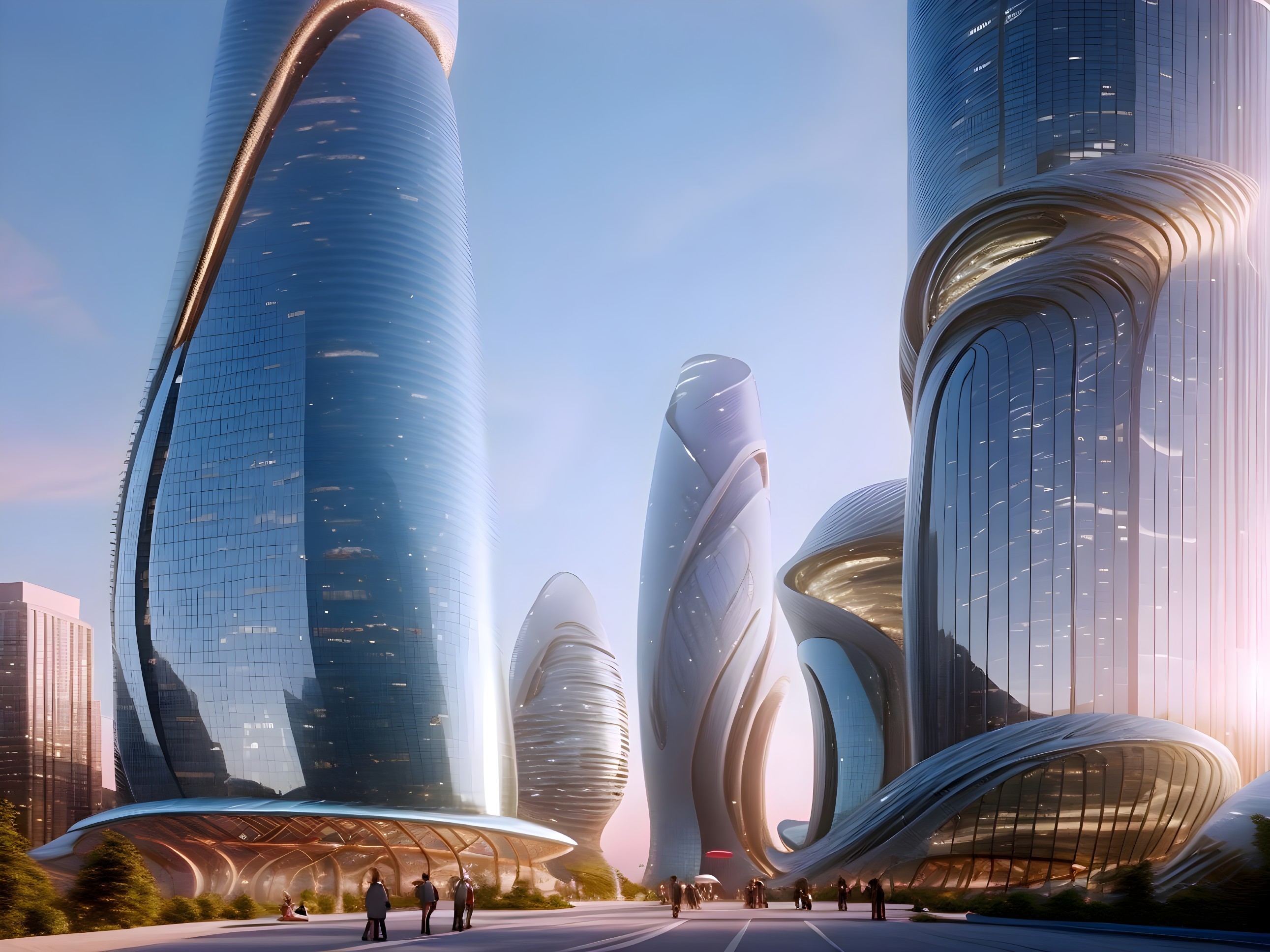 Futuristic Urban Landscape with Curvilinear Skyscrapers