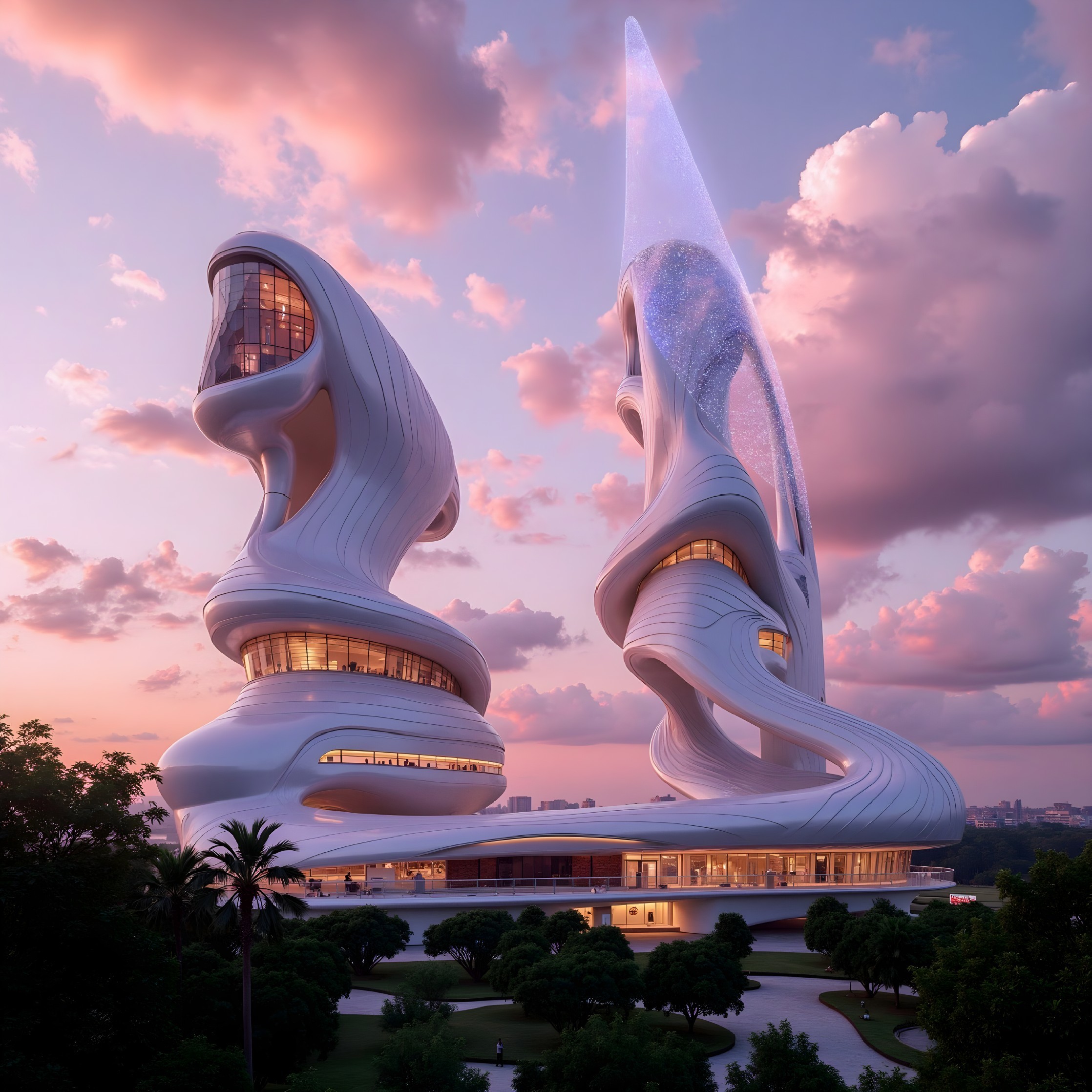 Modern Architectural Marvel with Organic Shapes and Glossy Facade