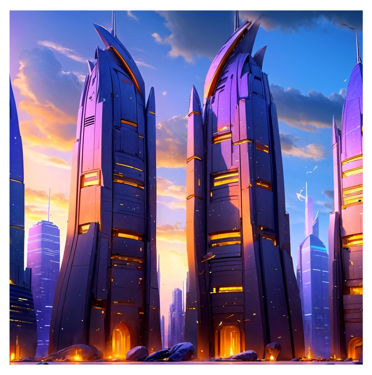 Futuristic cityscape with sleek skyscrapers at sunset