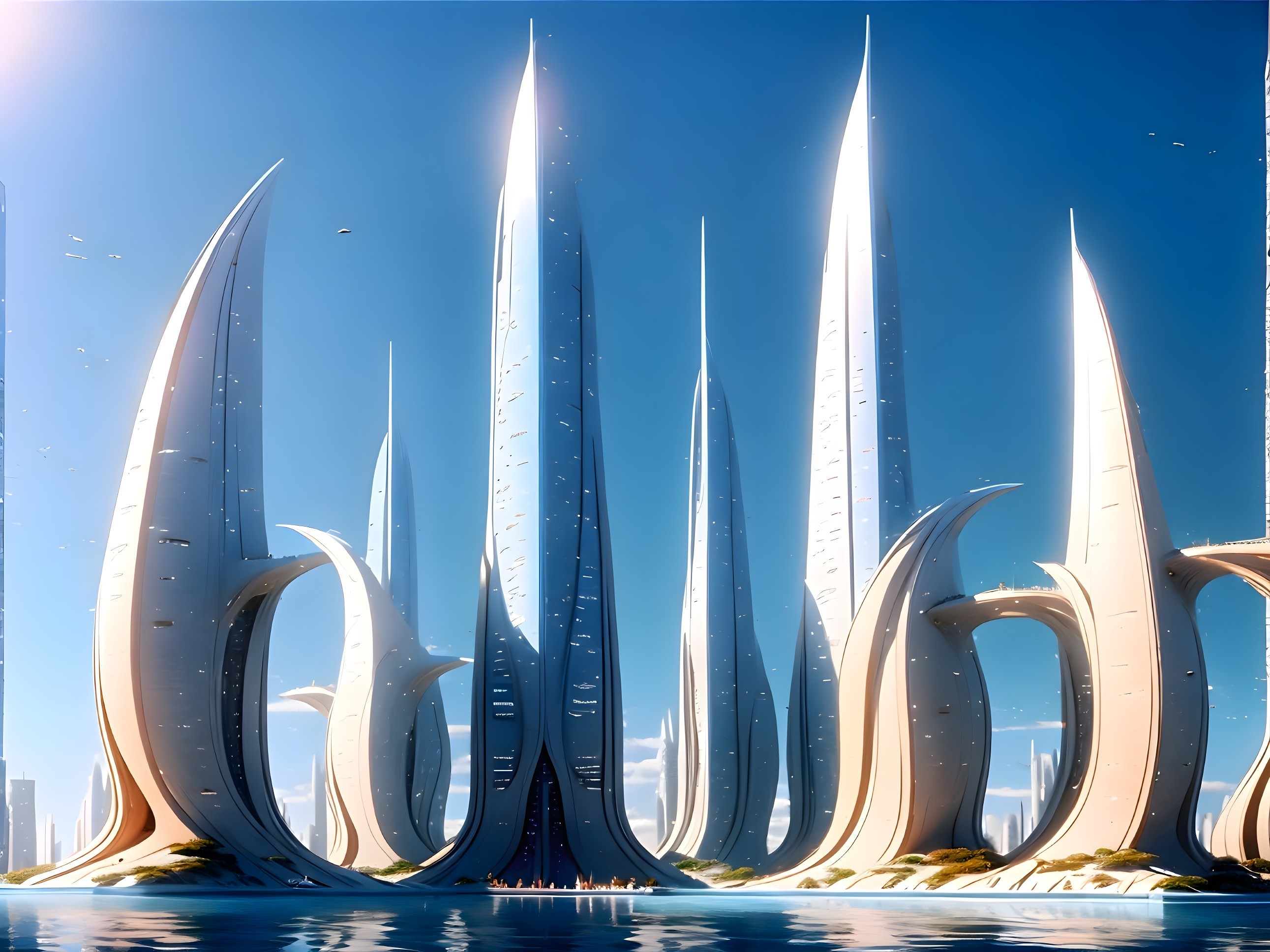 Futuristic cityscape with sleek skyscrapers and water