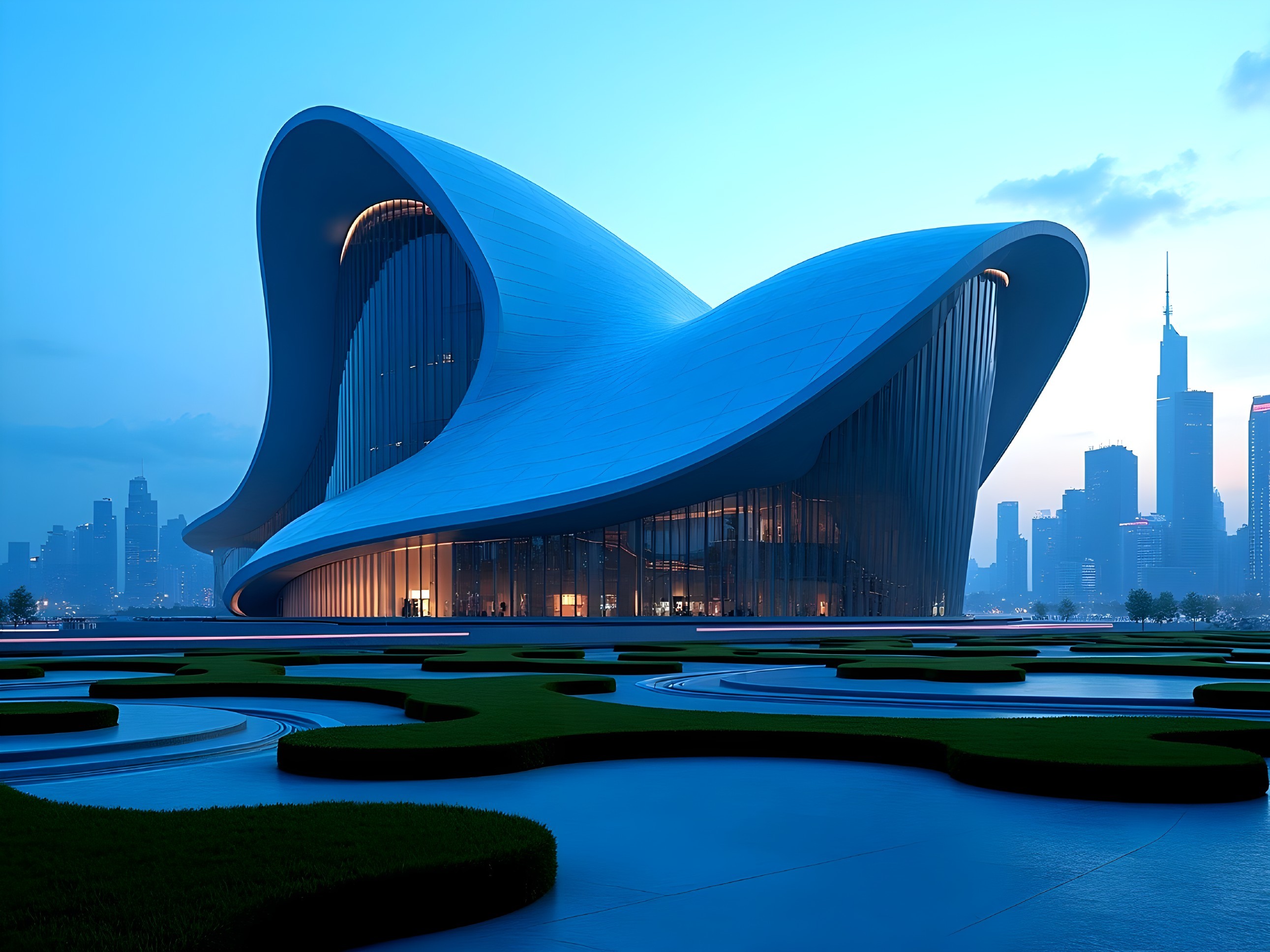Futuristic Wave-Like Building with Blue Exterior