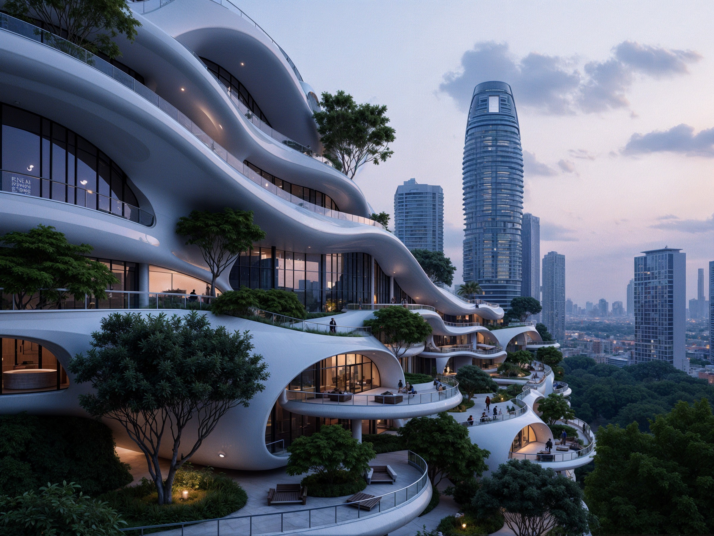 Futuristic Architectural Design with Curved Green Terraces