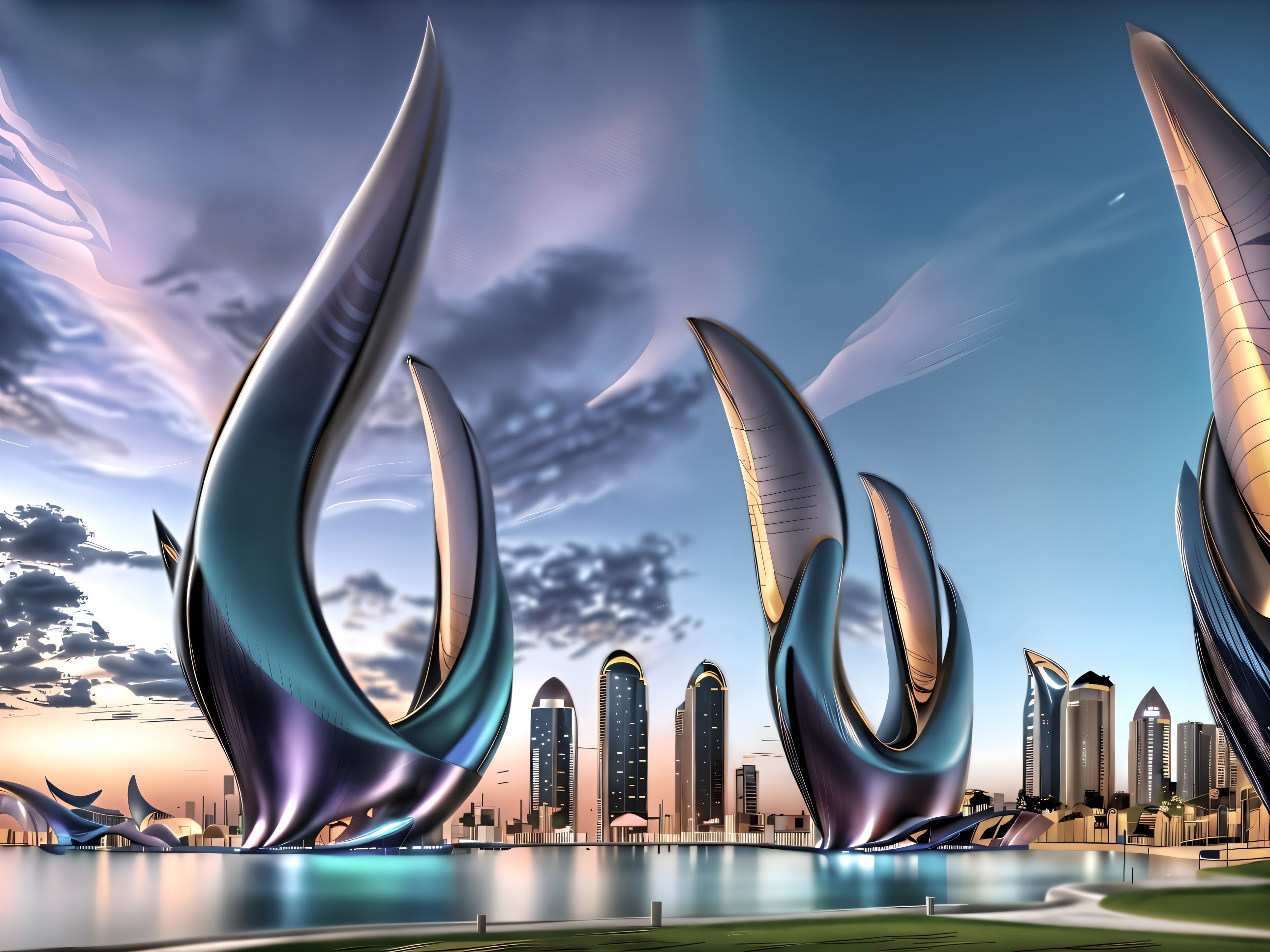 Futuristic Skyline with Sail-Like Structures and Water