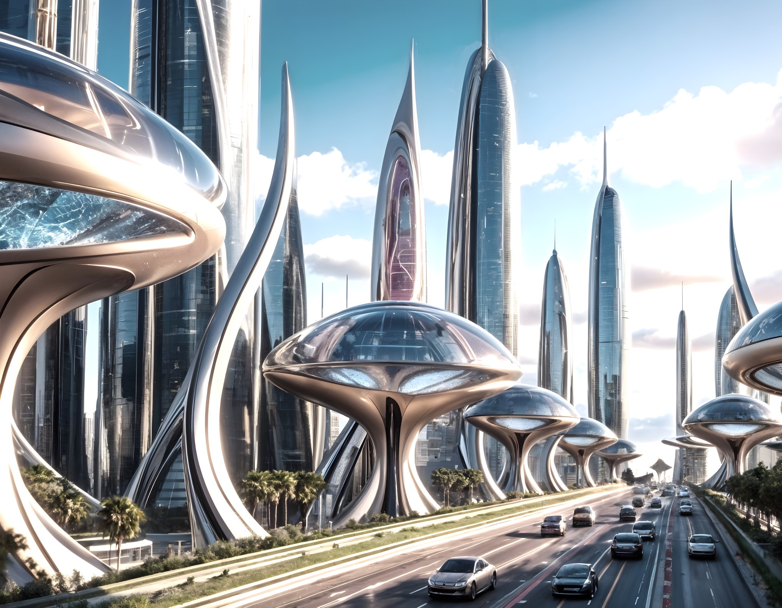 Futuristic cityscape with sleek skyscrapers and palm trees