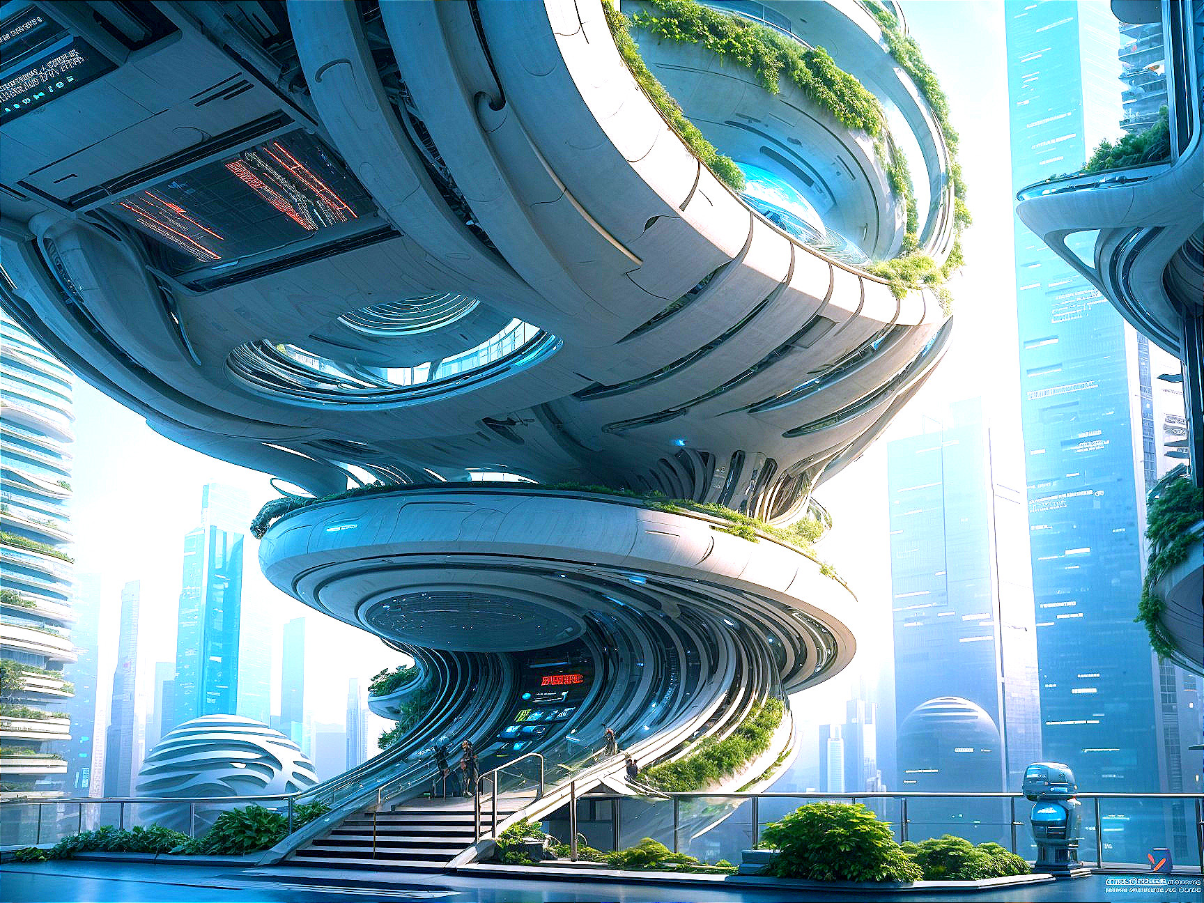 Futuristic Architectural Structure with Greenery and Curves