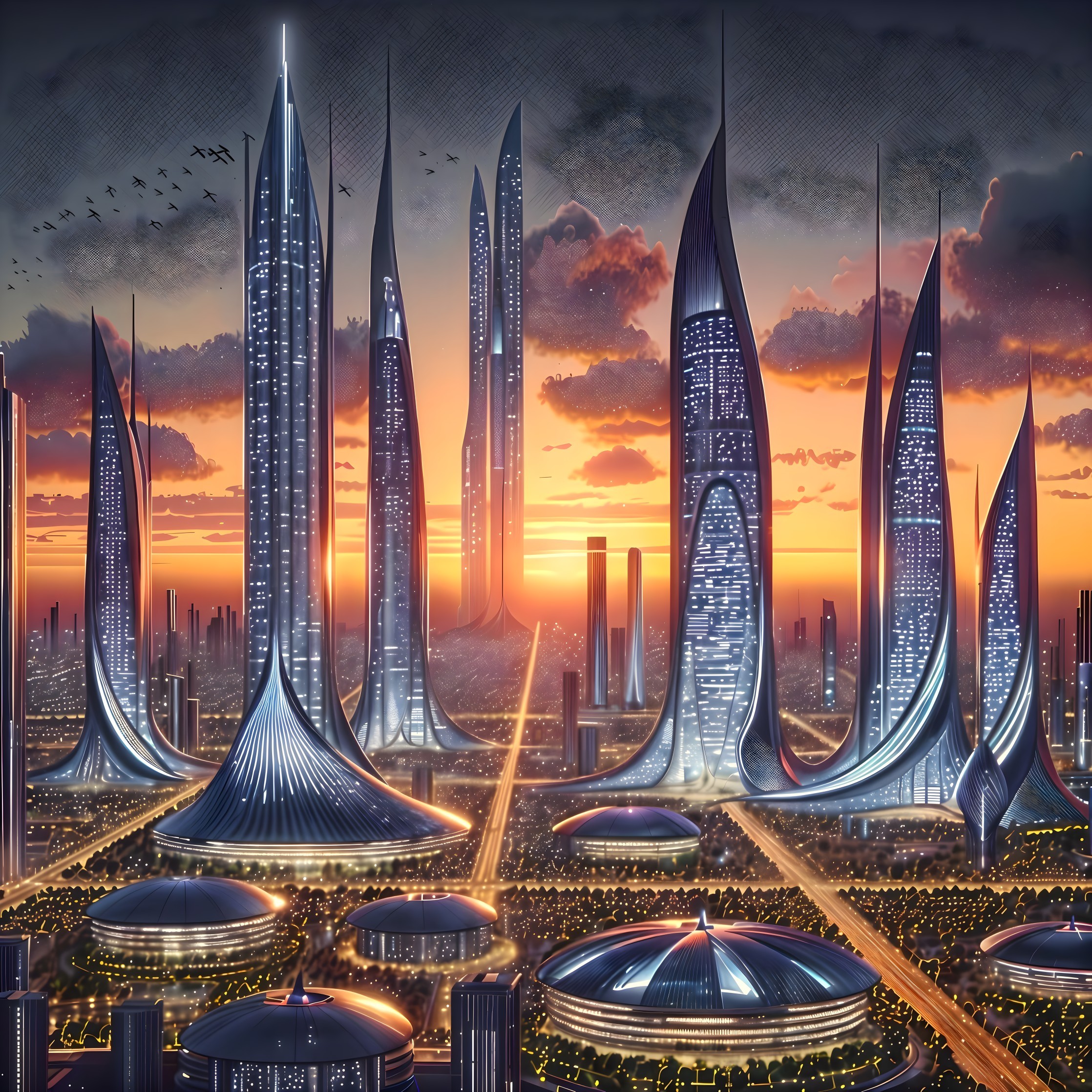 Futuristic cityscape at sunset with illuminated designs
