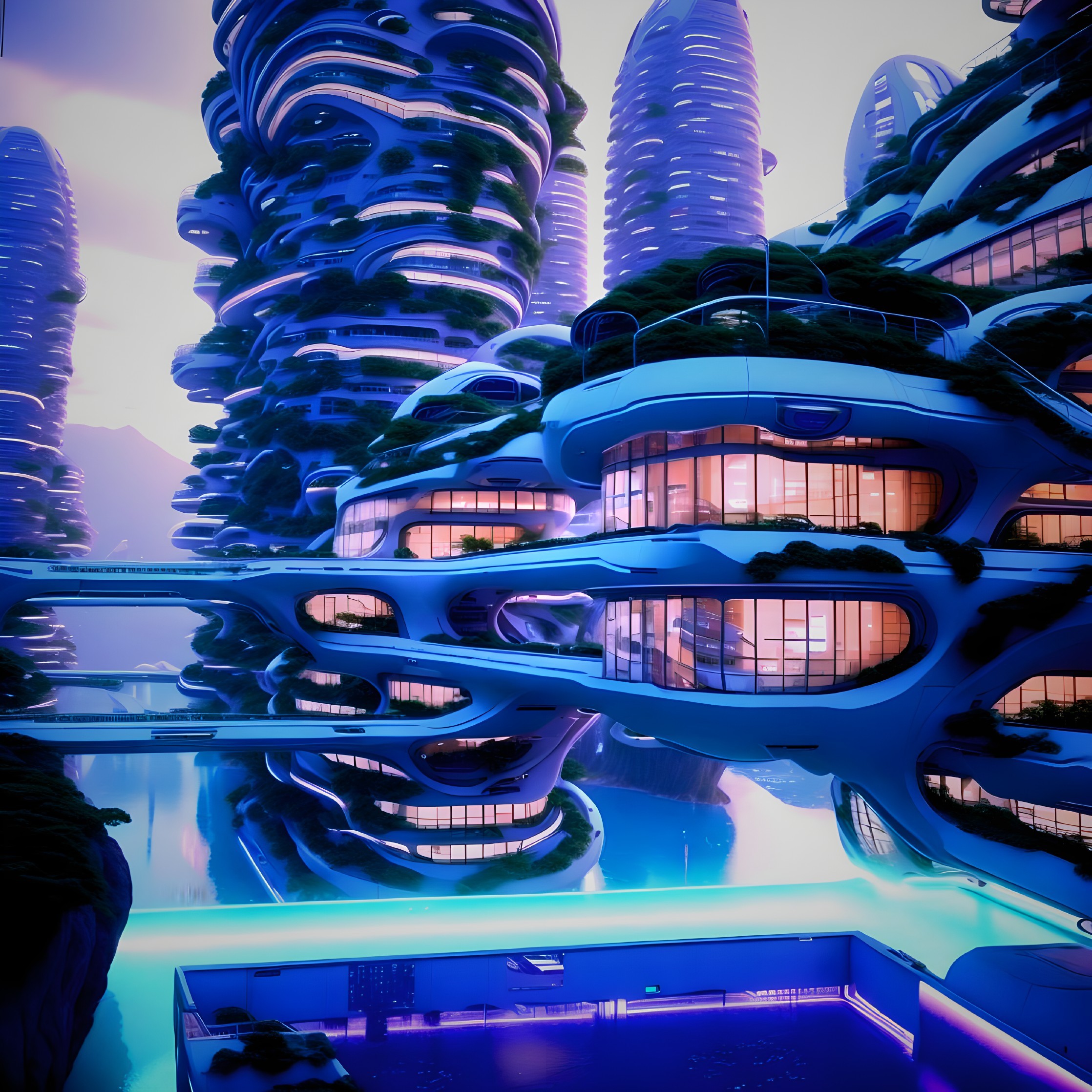 Futuristic Cityscape with Organic Buildings and Greenery