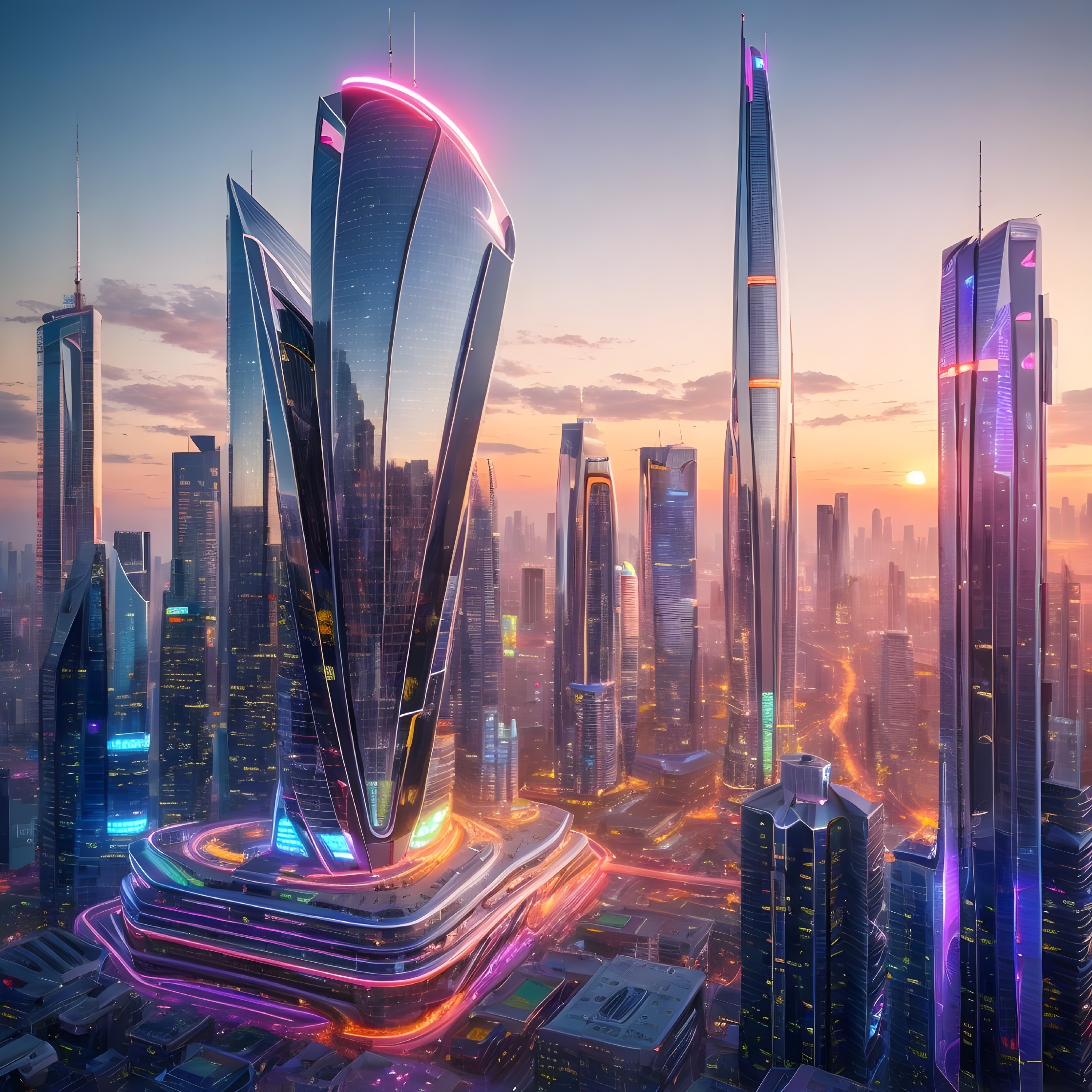 Futuristic Cityscape at Sunset with Neon Lights