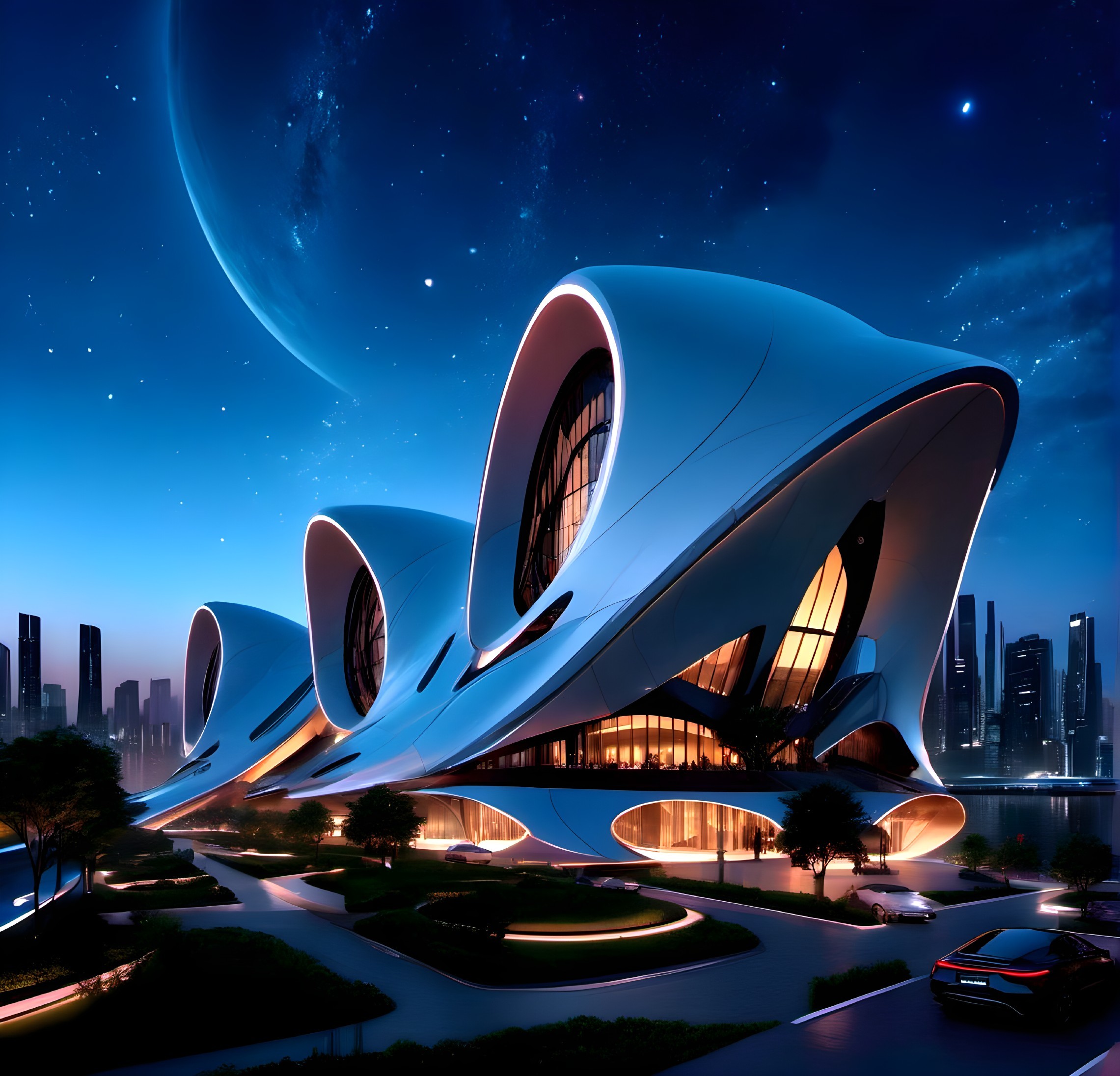 Futuristic architectural structure under twilight sky