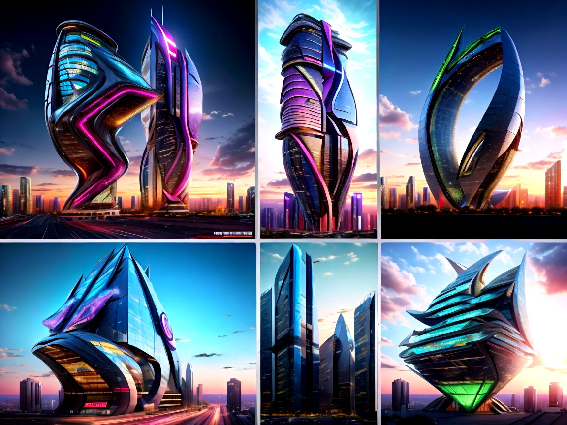 Futuristic Skyscrapers with Dynamic Shapes and Colors