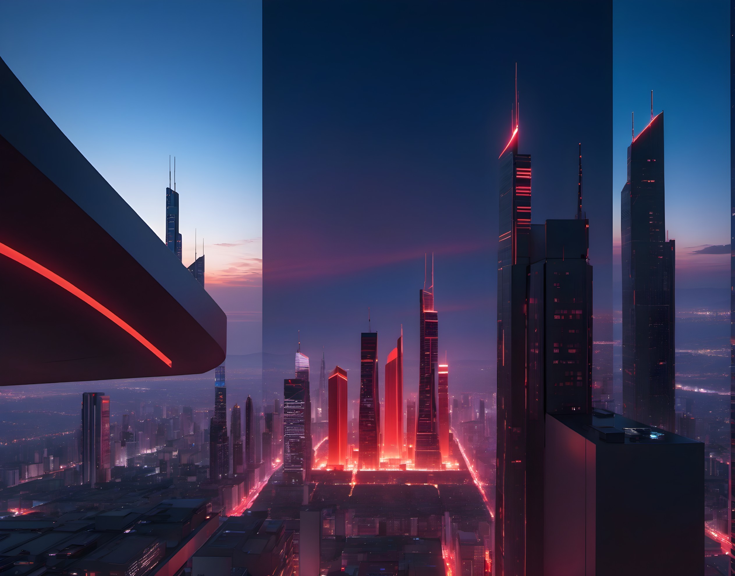 Futuristic cityscape at dusk with vibrant skyscrapers