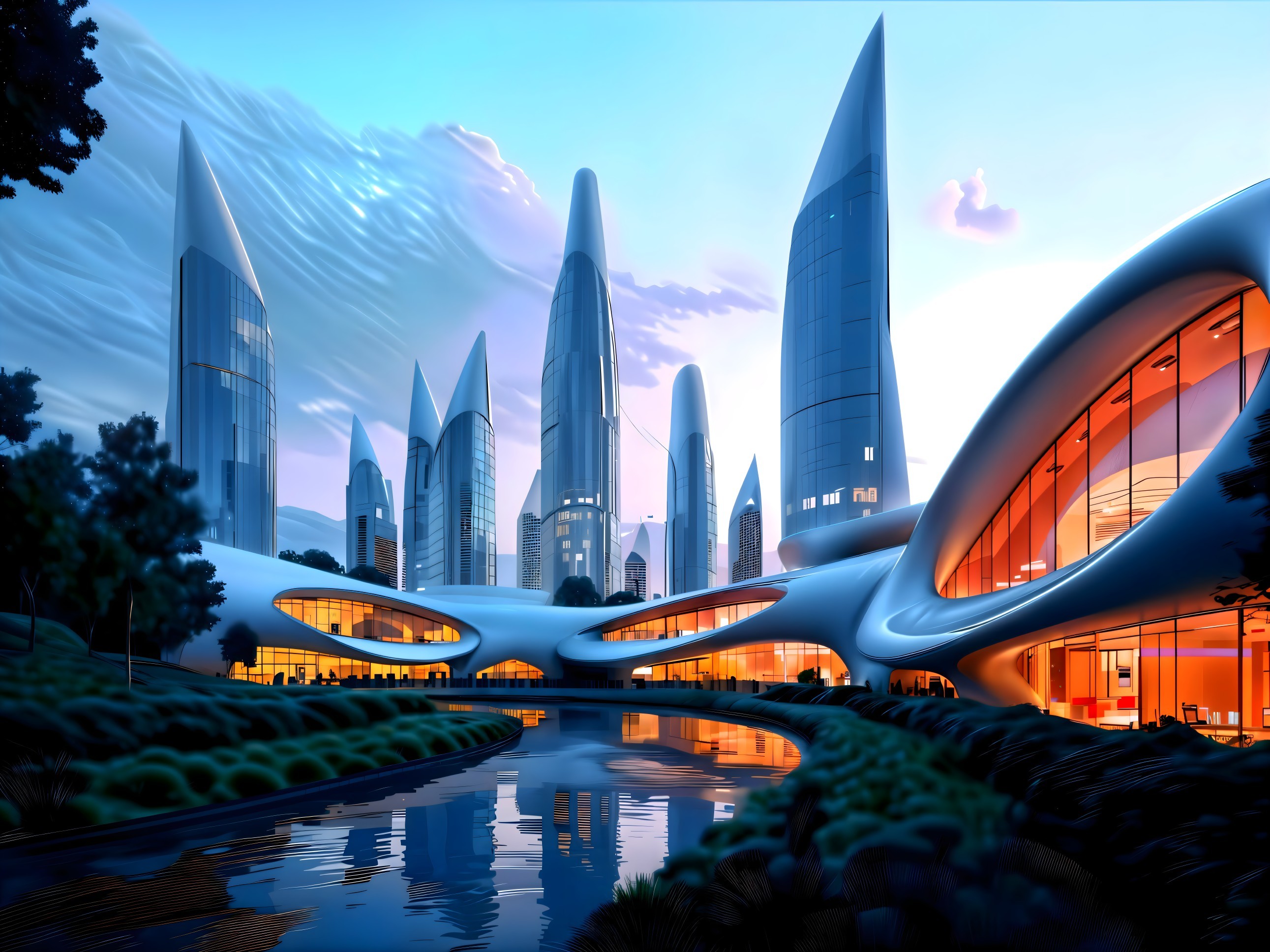 Futuristic Cityscape with Modern Skyscrapers and River