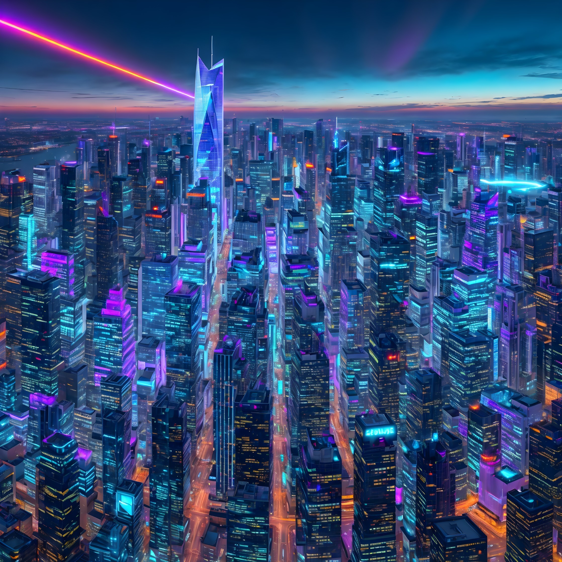 Futuristic cityscape at dusk with neon lights