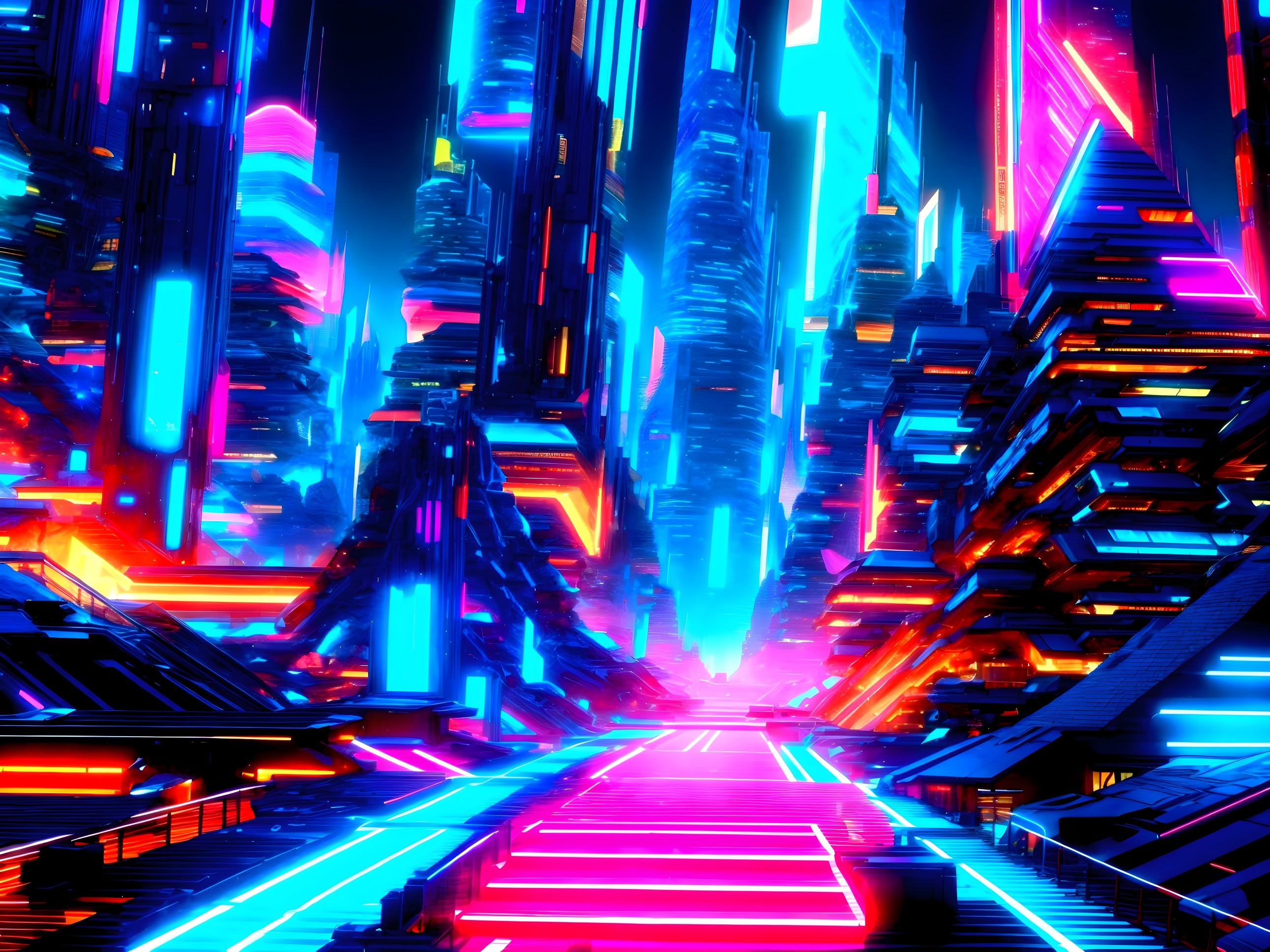 Futuristic Cityscape with Neon Lights and Skyscrapers