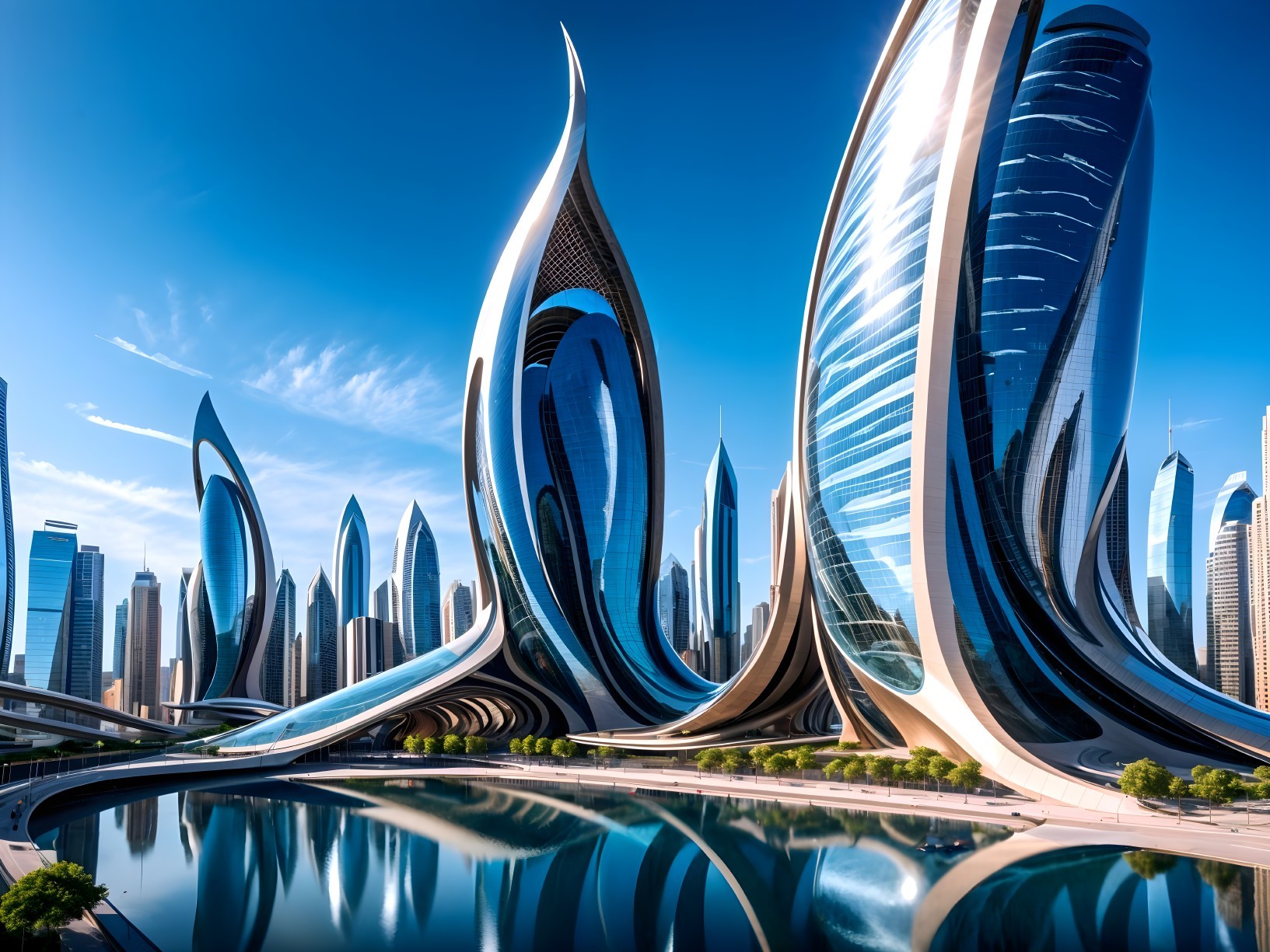 Futuristic cityscape with curved glass skyscrapers