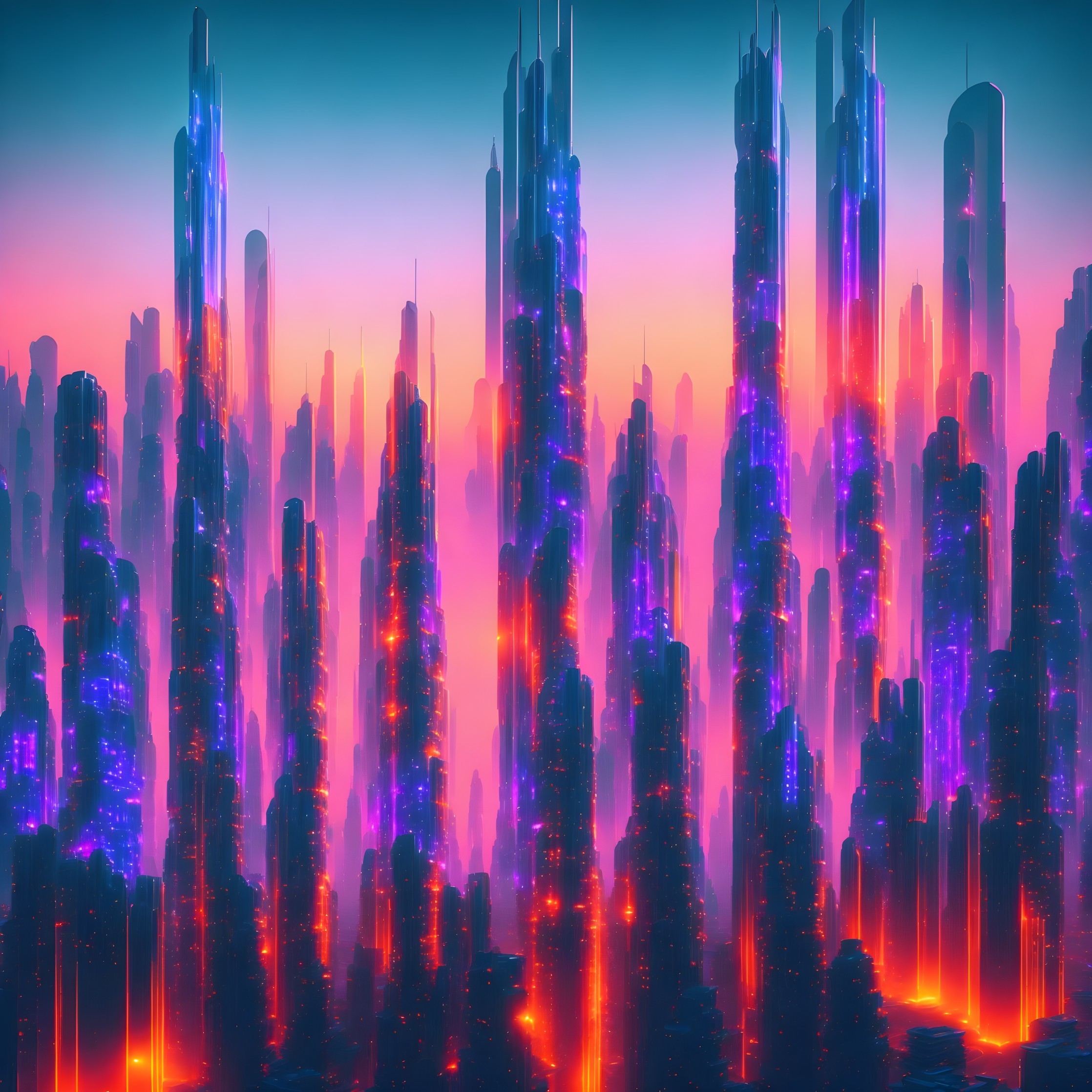 Futuristic cityscape with illuminated skyscrapers at twilight