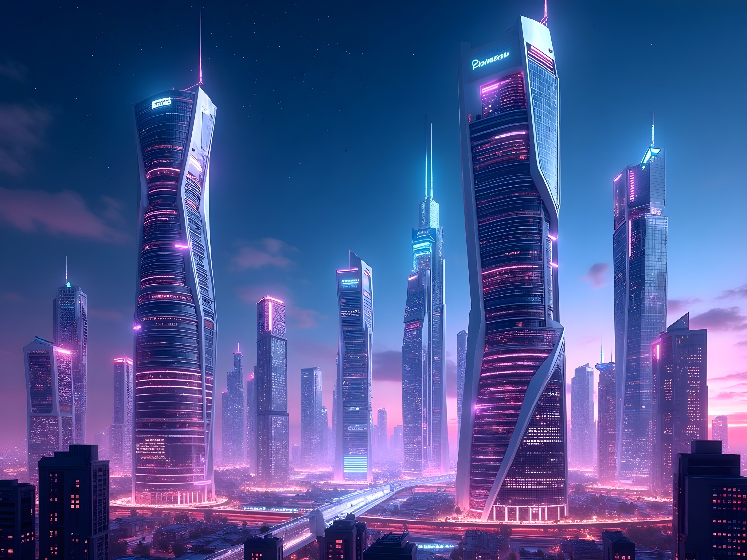 Futuristic Skyline with Neon Lights and Skyscrapers