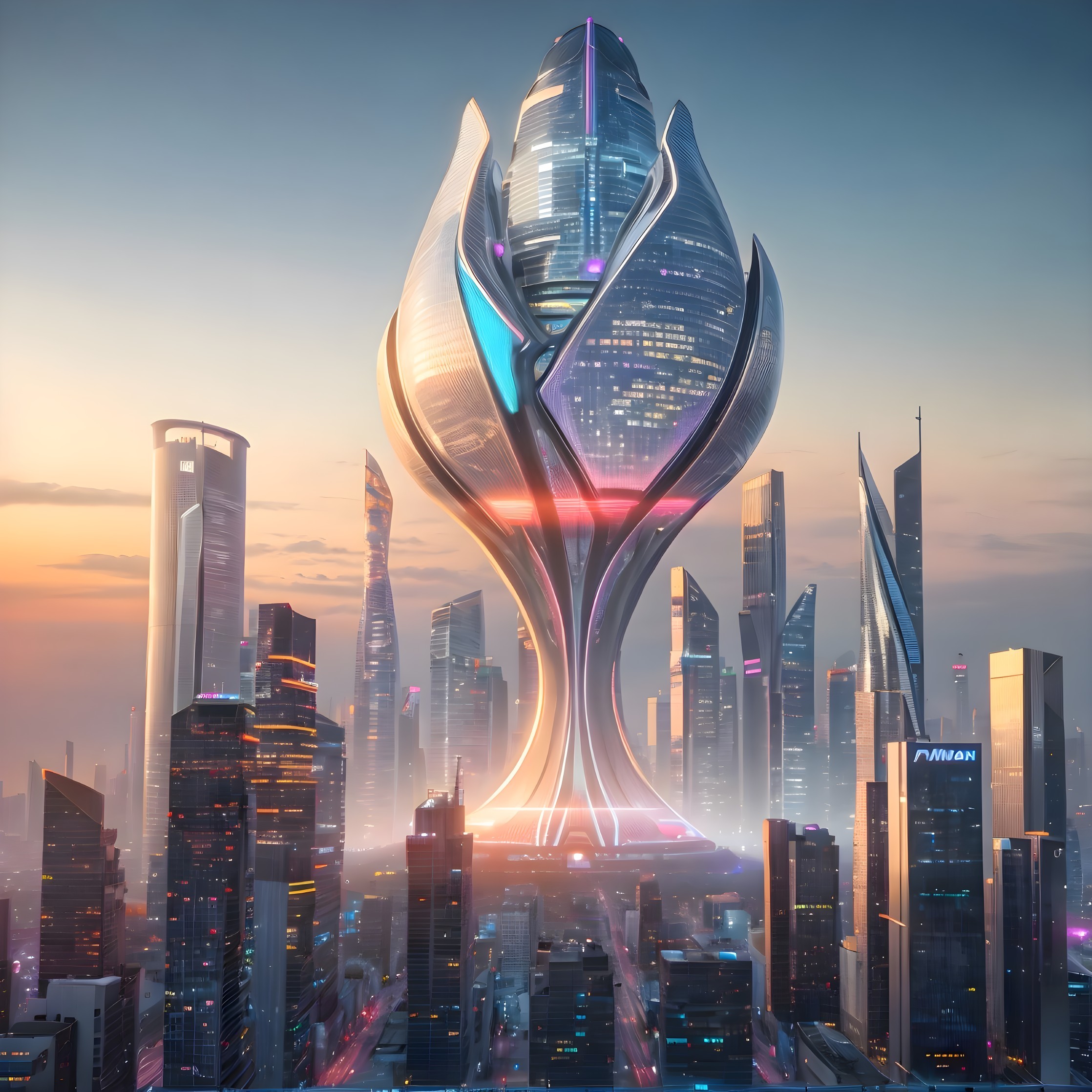 Futuristic City Skyline with Flower-Inspired Tower