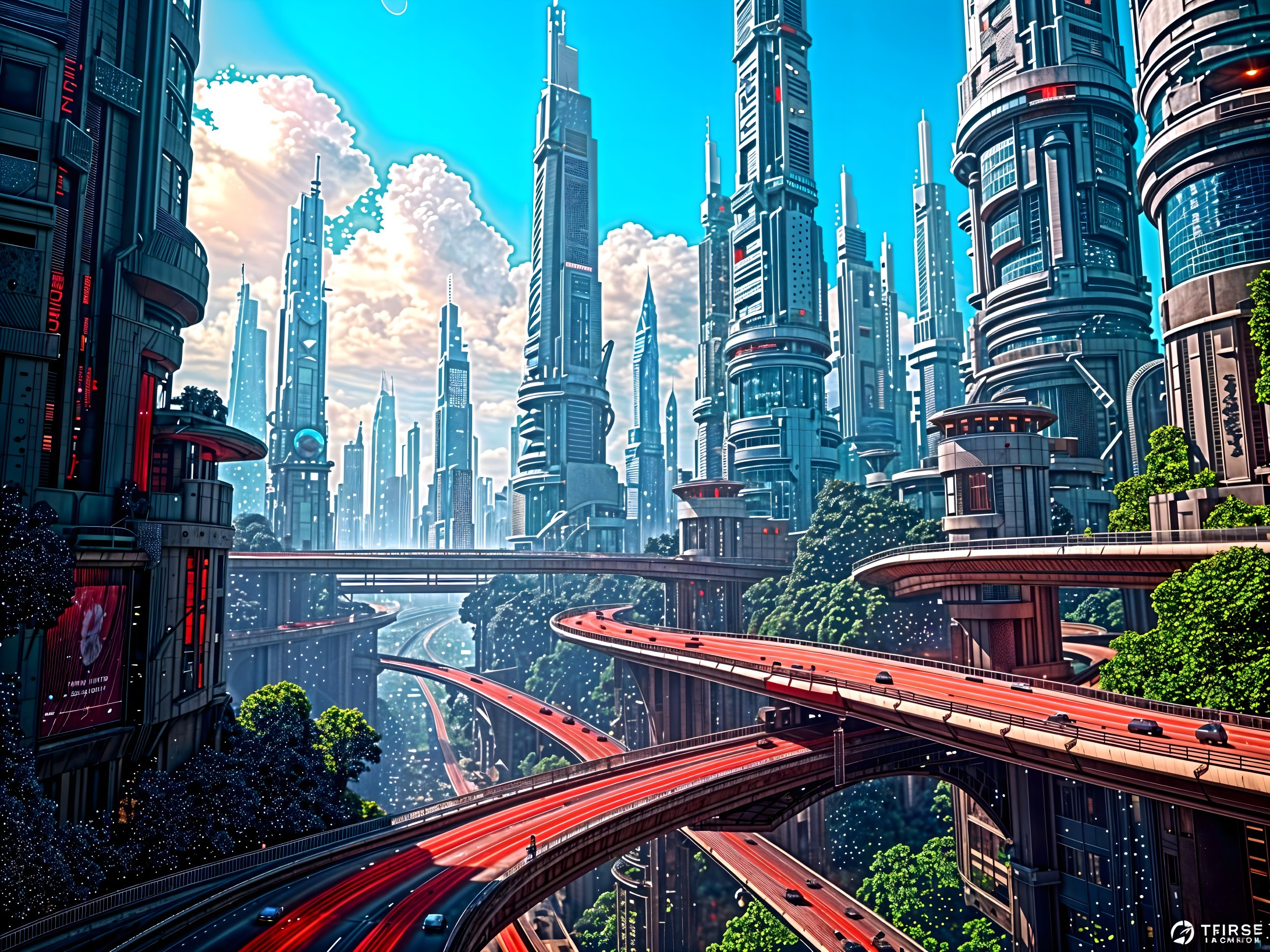 Futuristic cityscape with skyscrapers and greenery