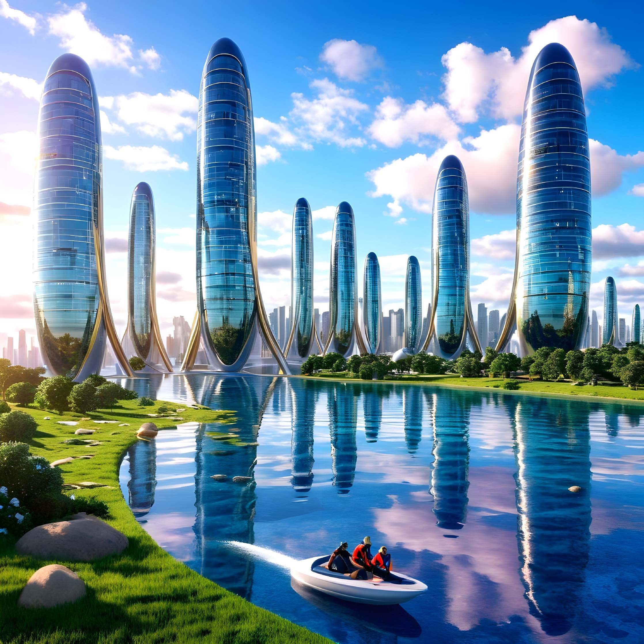 Futuristic cityscape with sleek skyscrapers and water