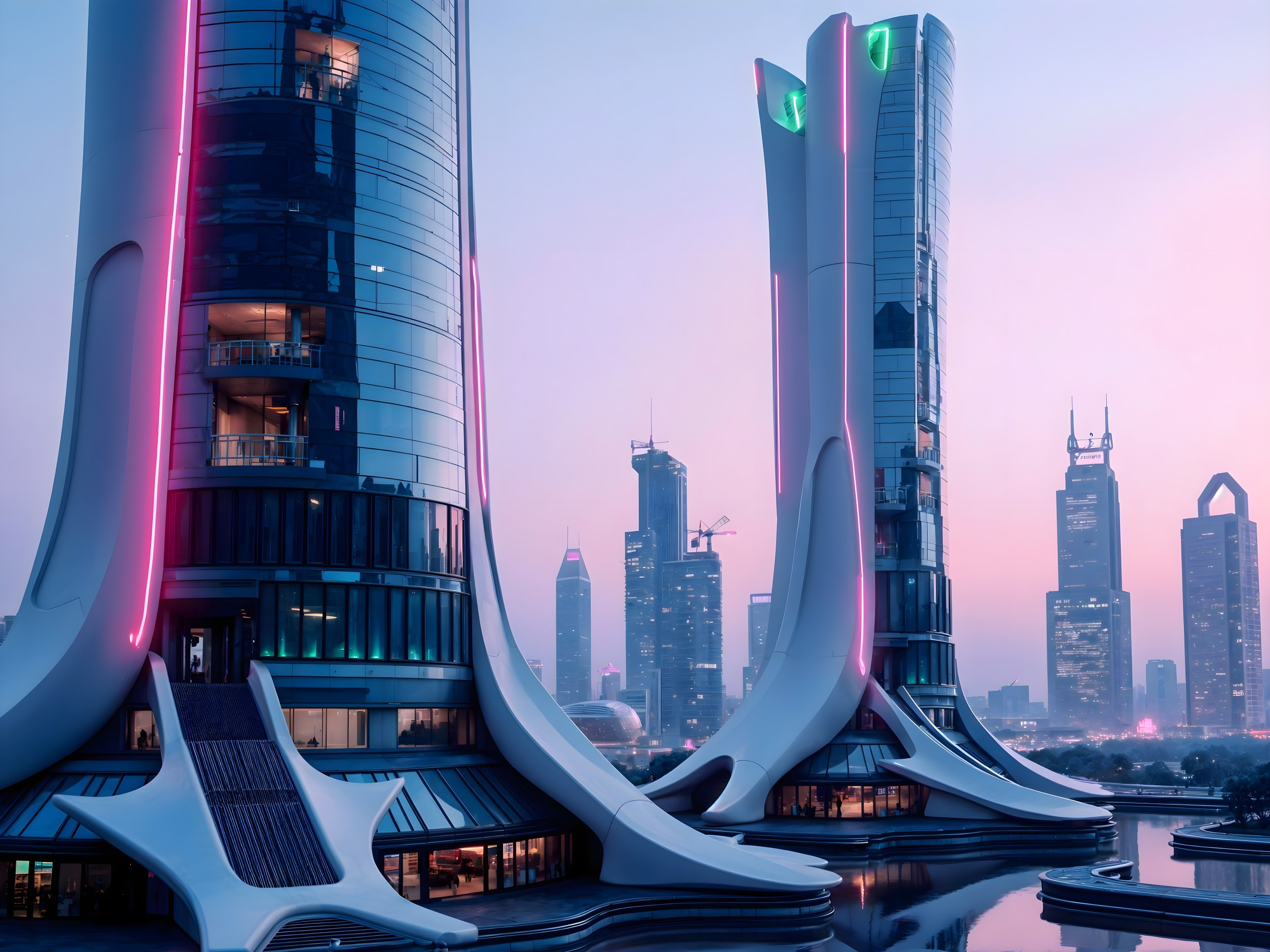 Futuristic Skyscrapers with Curvilinear Designs at Twilight