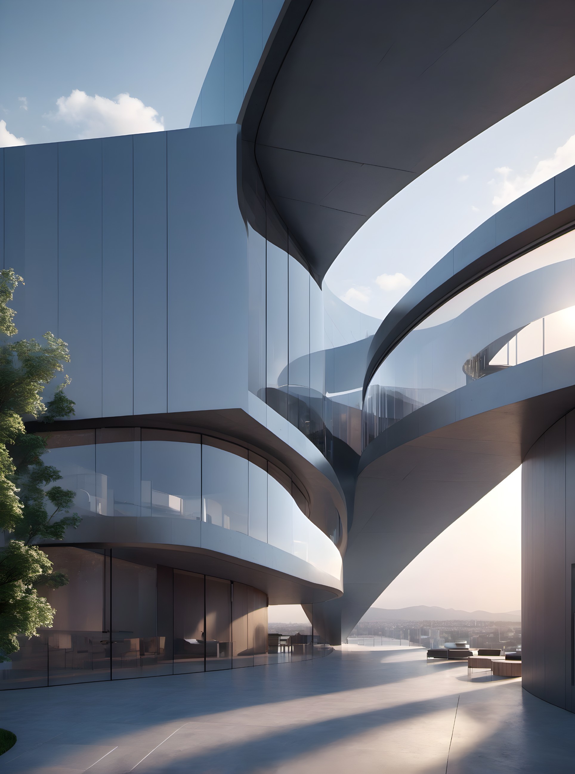Modern Architectural Structure with Curved Lines and Glass
