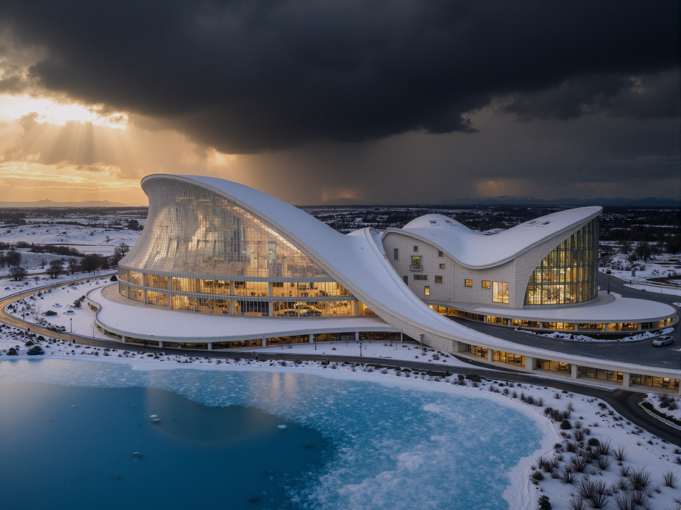 Futuristic building with curved glass facade in snow
